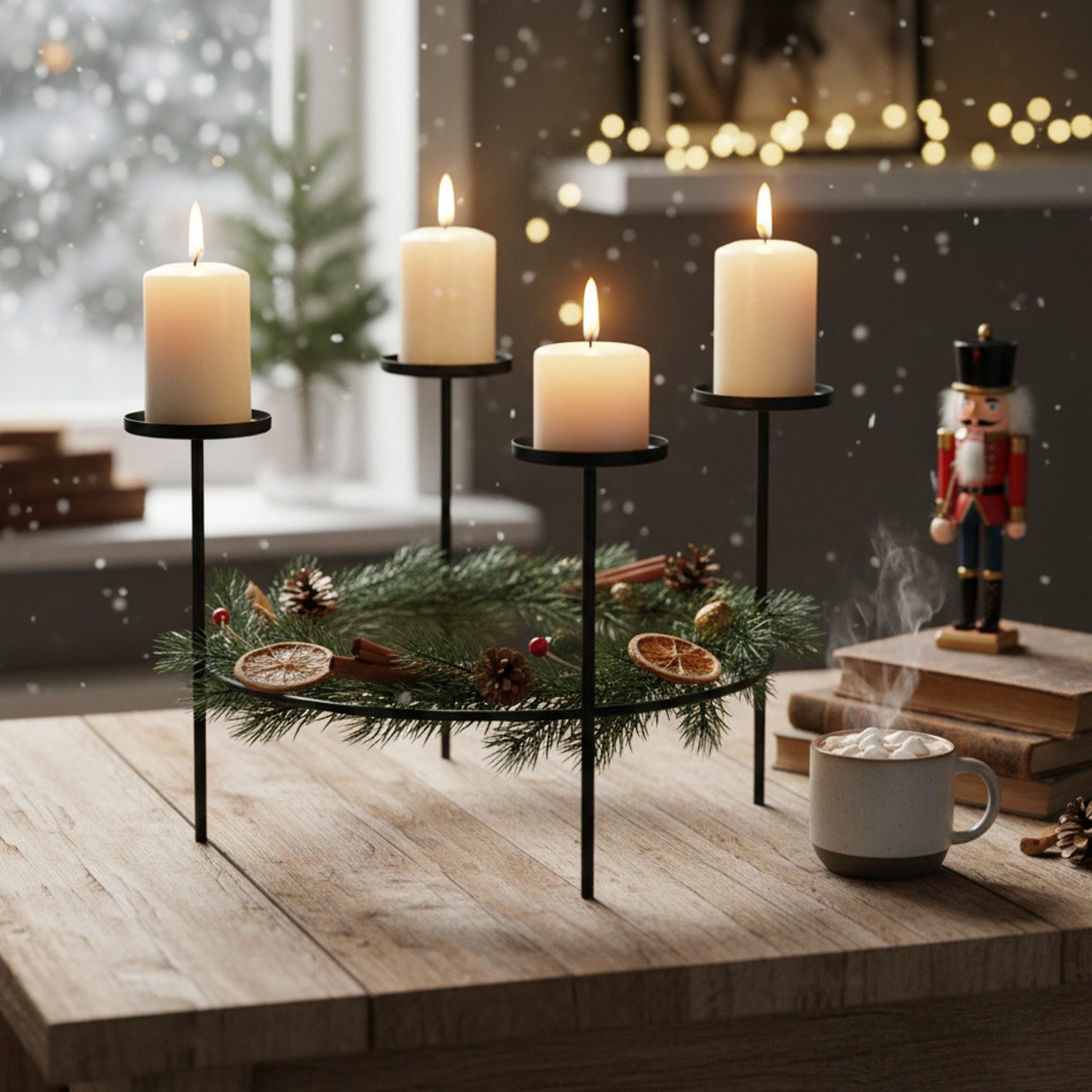 Macosa Home Adventskranz Schwarz Metall 43 cm oder 31 cm modern, elegantes Adventsgesteck 4 Kerzenhalter
