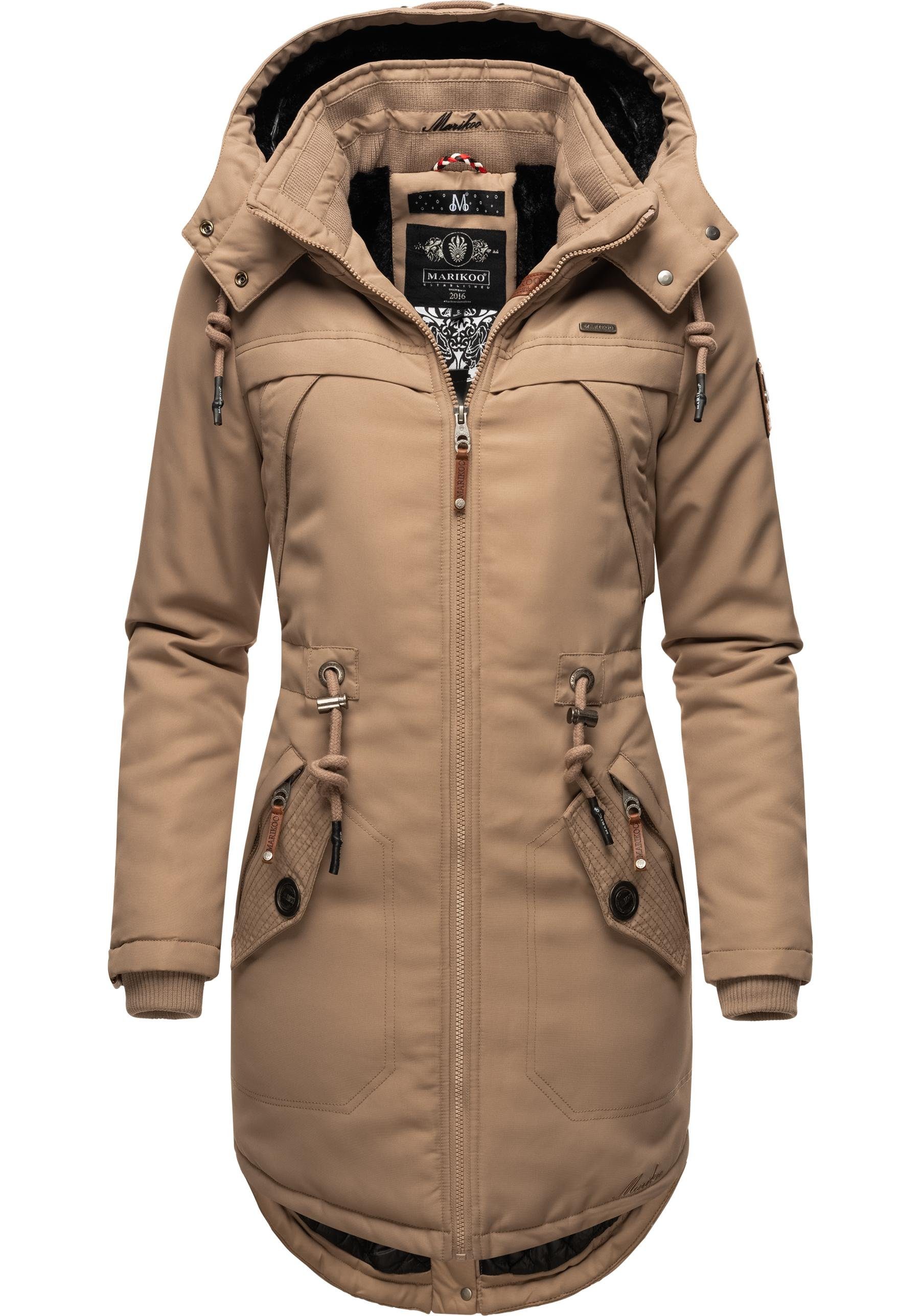 Marikoo Wintermantel Kamii Winterparka taupe mit Damen abnehmb. Kapuze sportlicher