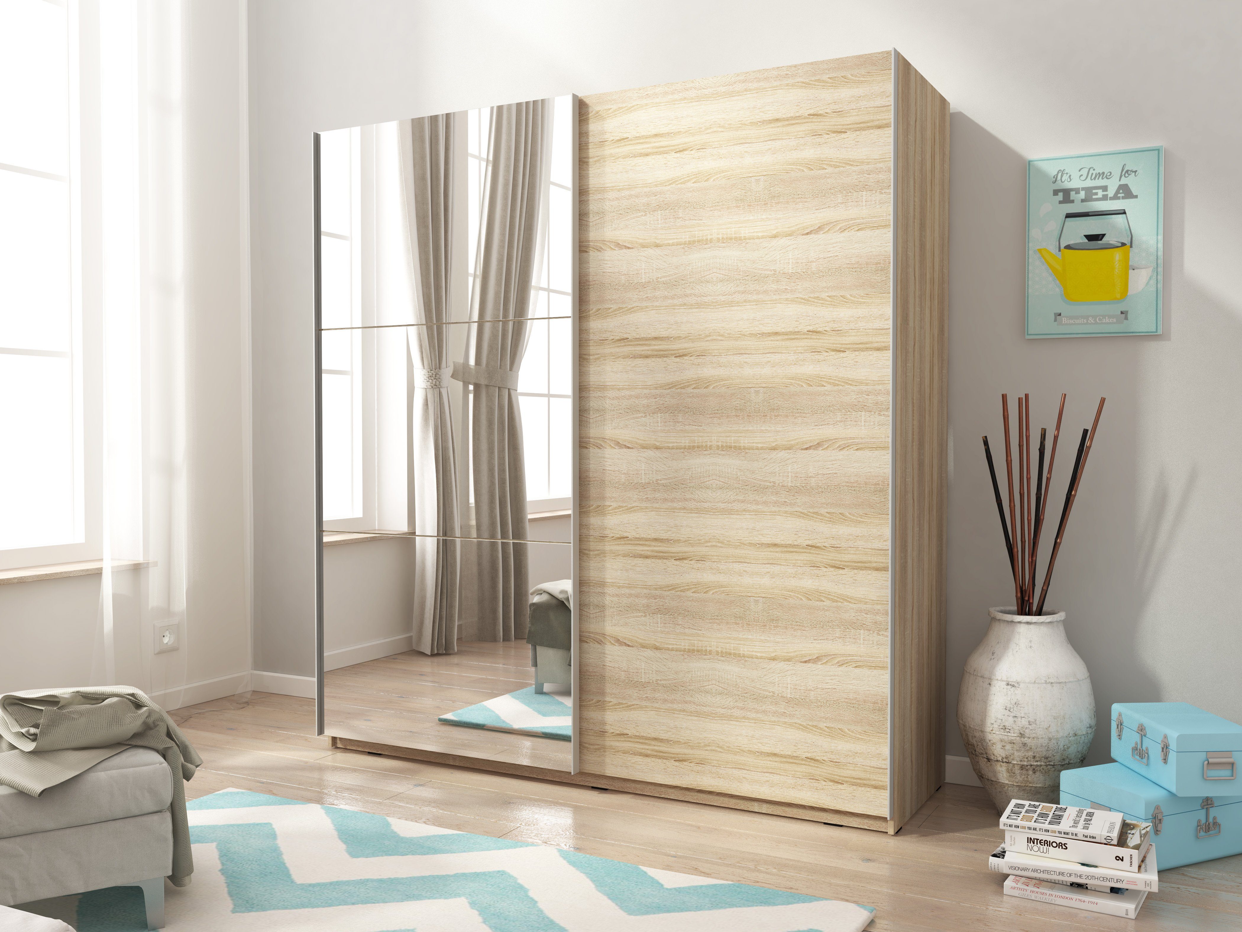 Qualität ist perfekt Domando Kleiderschrank Eiche 150cm, Breite Kleiderschrank Sonoma praktische Riccione M2 Facheinteilung Schwebetüren