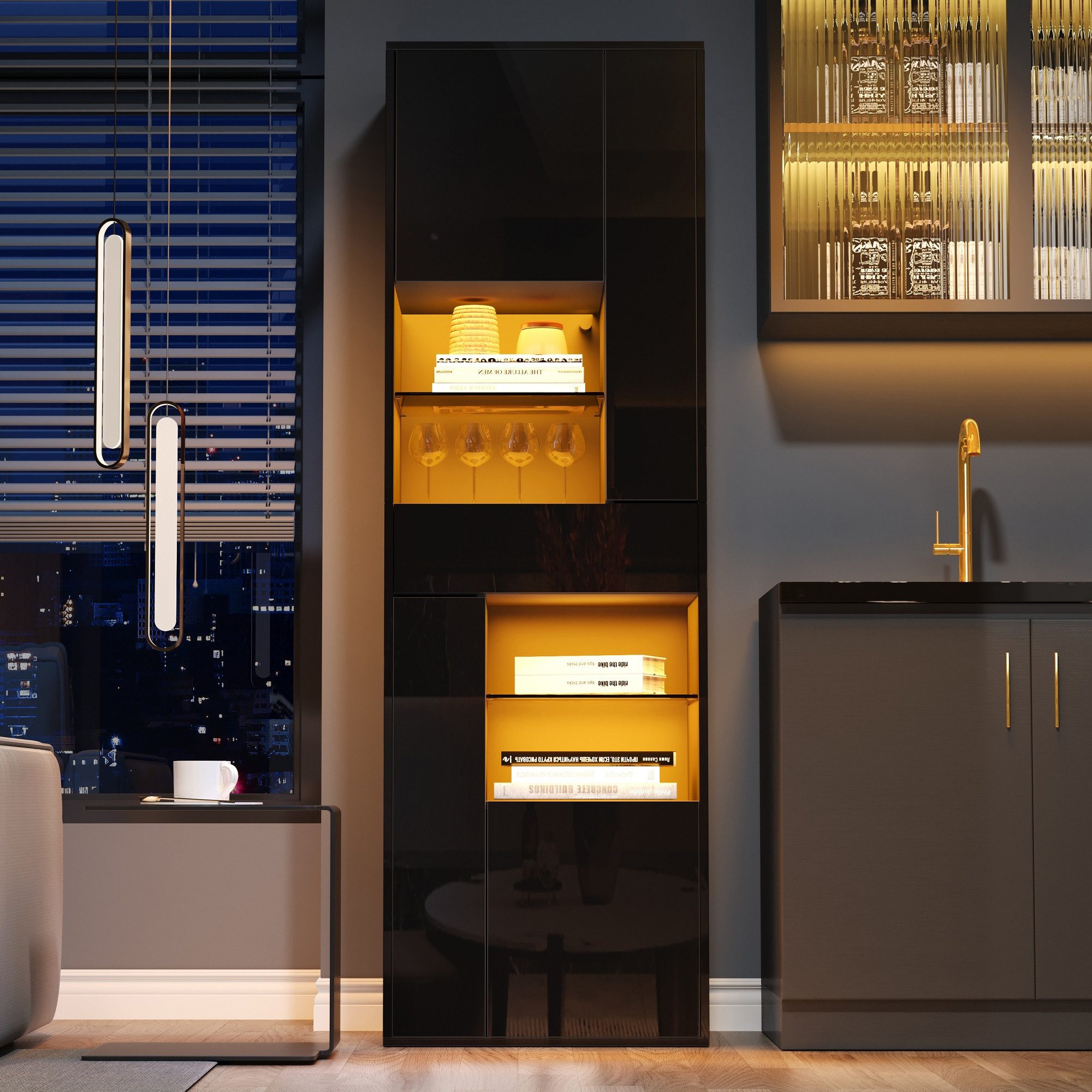 Odikalo Hochschrank Verkaufsvitrine Schublade Glasvitrine LED Hochglanz Weiß/Schwarz