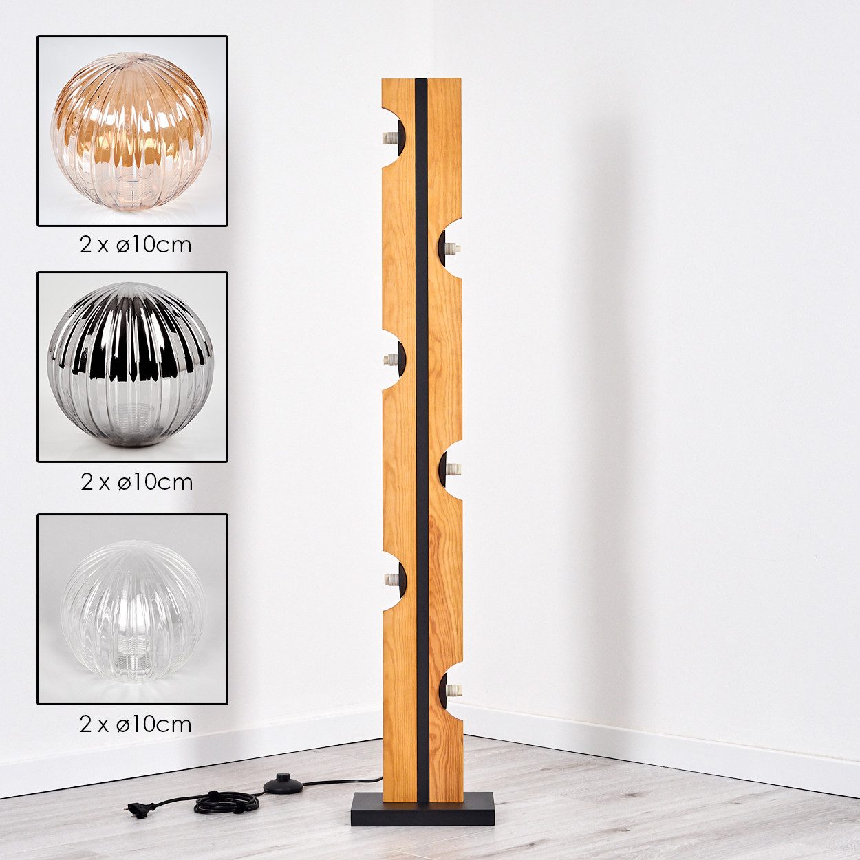 hofstein Stehlampe Stehlampe aus Holz/Metall/Riffelglas in Natur/Schwarz/Bernstein/Rauch, ohne Leuchtmittel, 120 cm, G9, Fußschalter - Wohnzimmer, Schlafzimmer, Esszimmer