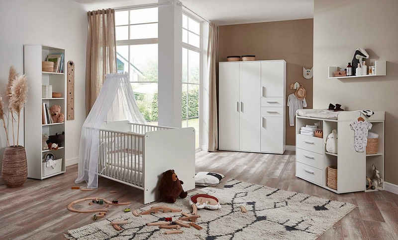 moebel-dich-auf Babyzimmer-Komplettset ALIYA 8, (in weiß, Babybett + Wickelkommode + Unterbauregal-Set + Kleiderschrank + Regal), optional mit Matratze, Umbauseiten-Set oder Textil-Set