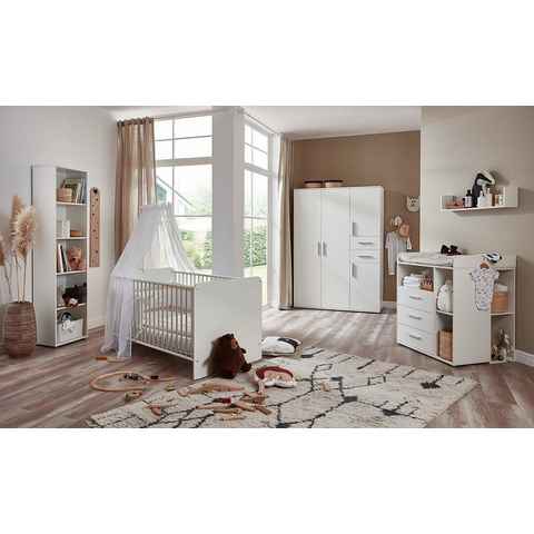 moebel-dich-auf Babyzimmer-Komplettset ALIYA 8, (in weiß, Babybett + Wickelkommode + Unterbauregal-Set + Kleiderschrank + Regal), optional mit Matratze, Umbauseiten-Set oder Textil-Set
