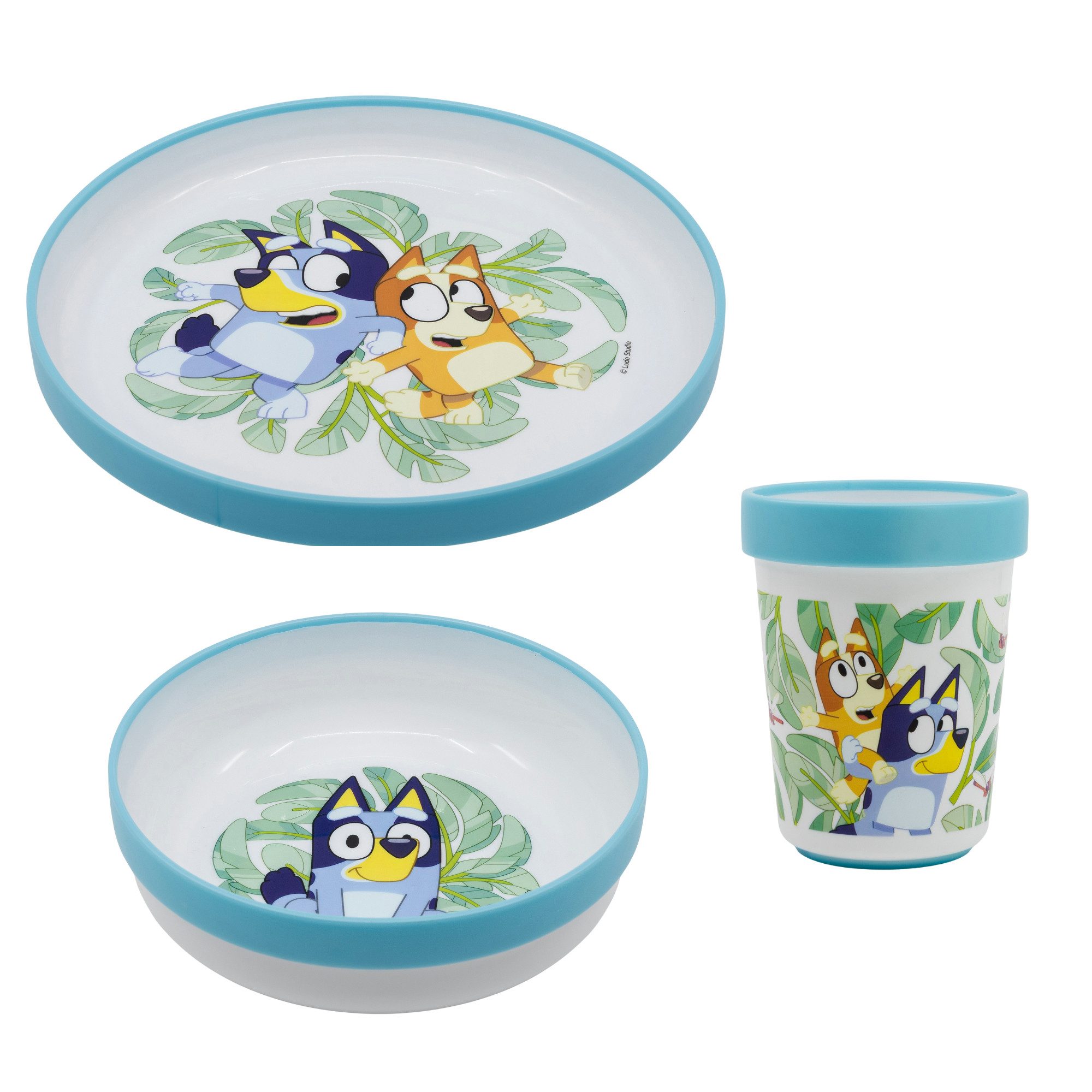 Bluey Kindergeschirr-Set Bluey und Bingo Kinder Geschirr-Set 3 teilig (3-tlg), 1 Personen, BPA-Frei, Becher Teller Schüssel antirutsch