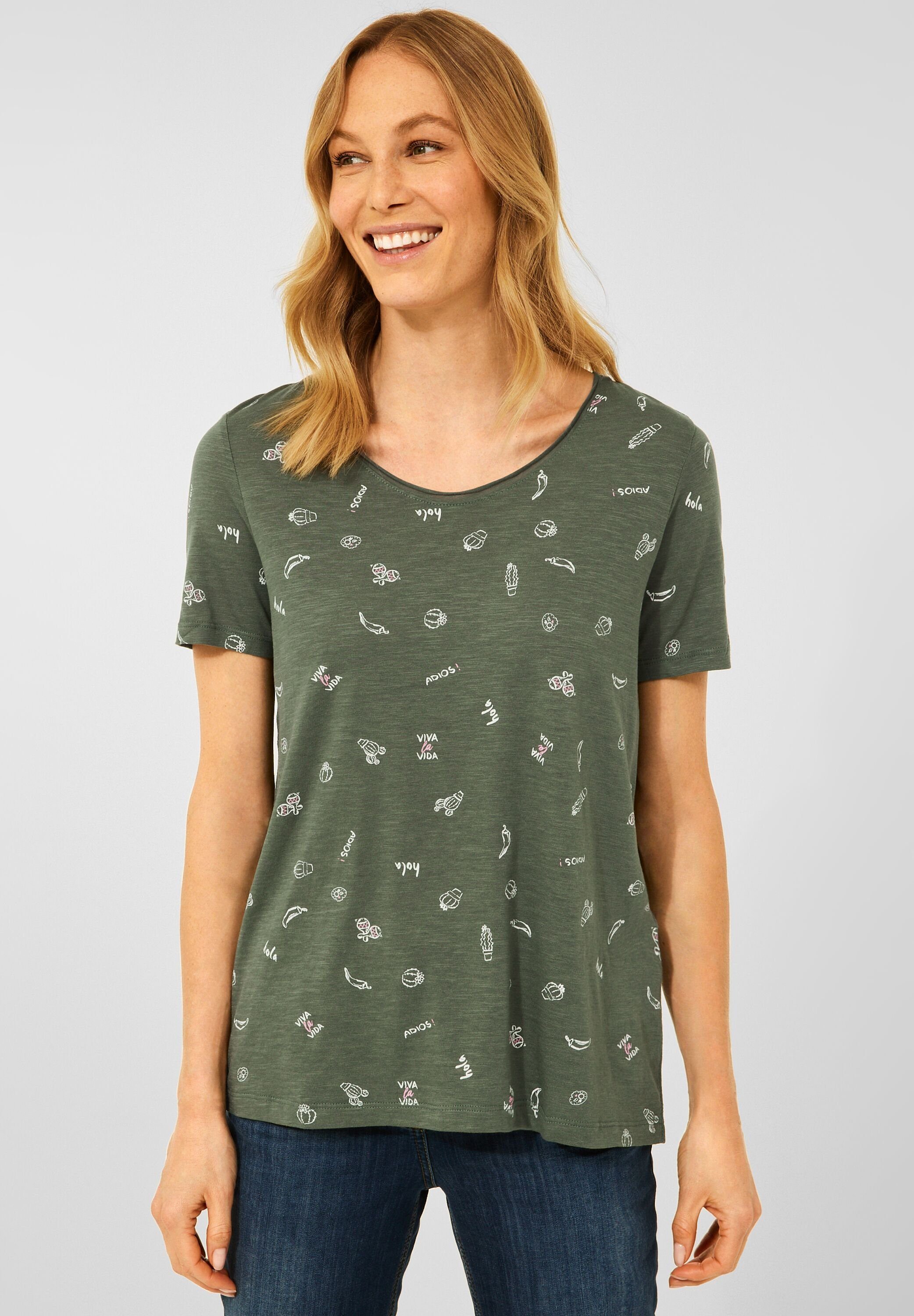Cecil T-Shirt Cecil (1-tlg) T-Shirt in mit Gre geschnitten Desert Locker Olive Minimalprint