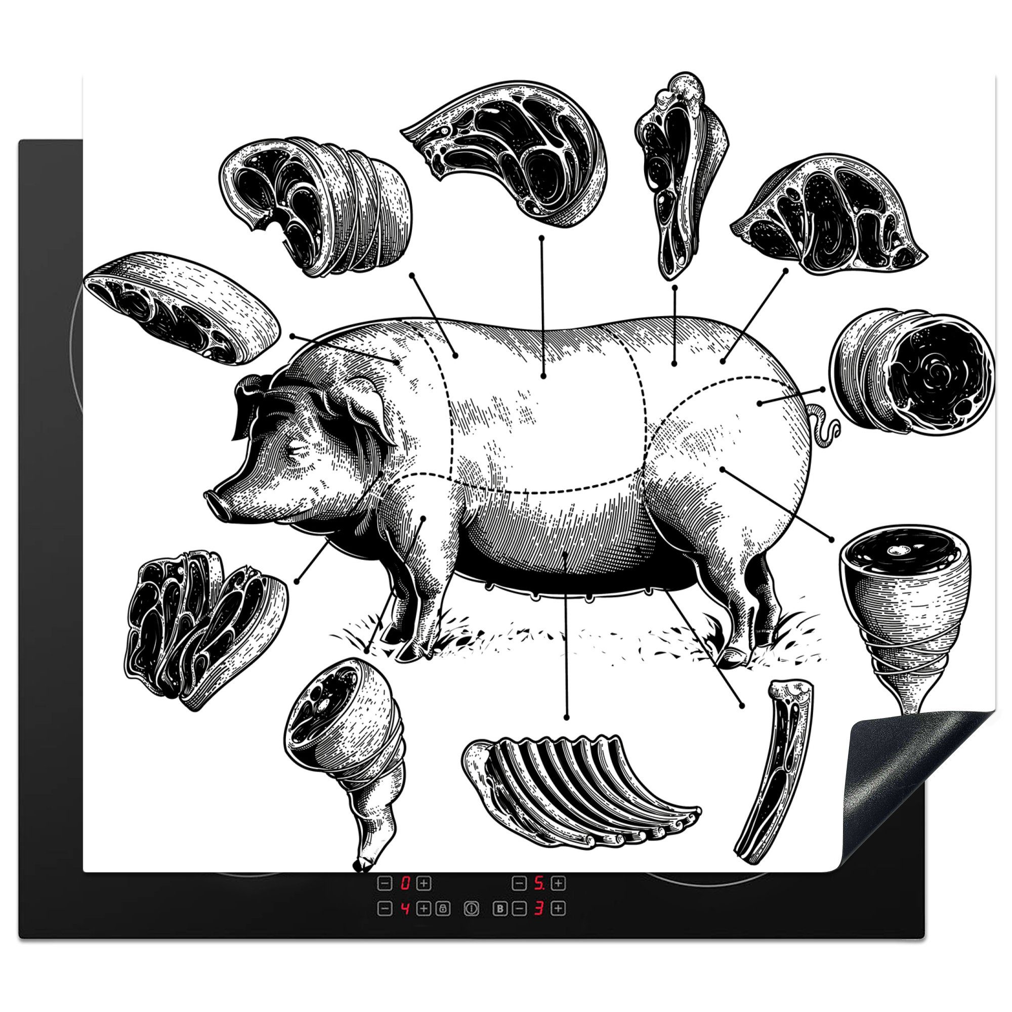 MuchoWow Herdblende-/Abdeckplatte Illustration verschiedener Stücke von Schweinefleisch, Vinyl, (1 tlg), 60x52 cm, Mobile Arbeitsfläche nutzbar, Ceranfeldabdeckung