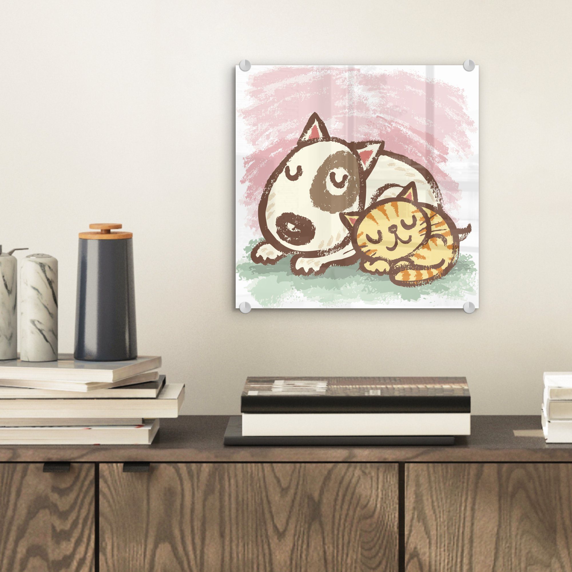 - - eines Wanddekoration Katze Kindheit, einer Glas St), Acrylglasbild (1 Wandbild MuchoWow Hundes der - Illustration Glas Foto aus Glasbilder auf und auf Bilder