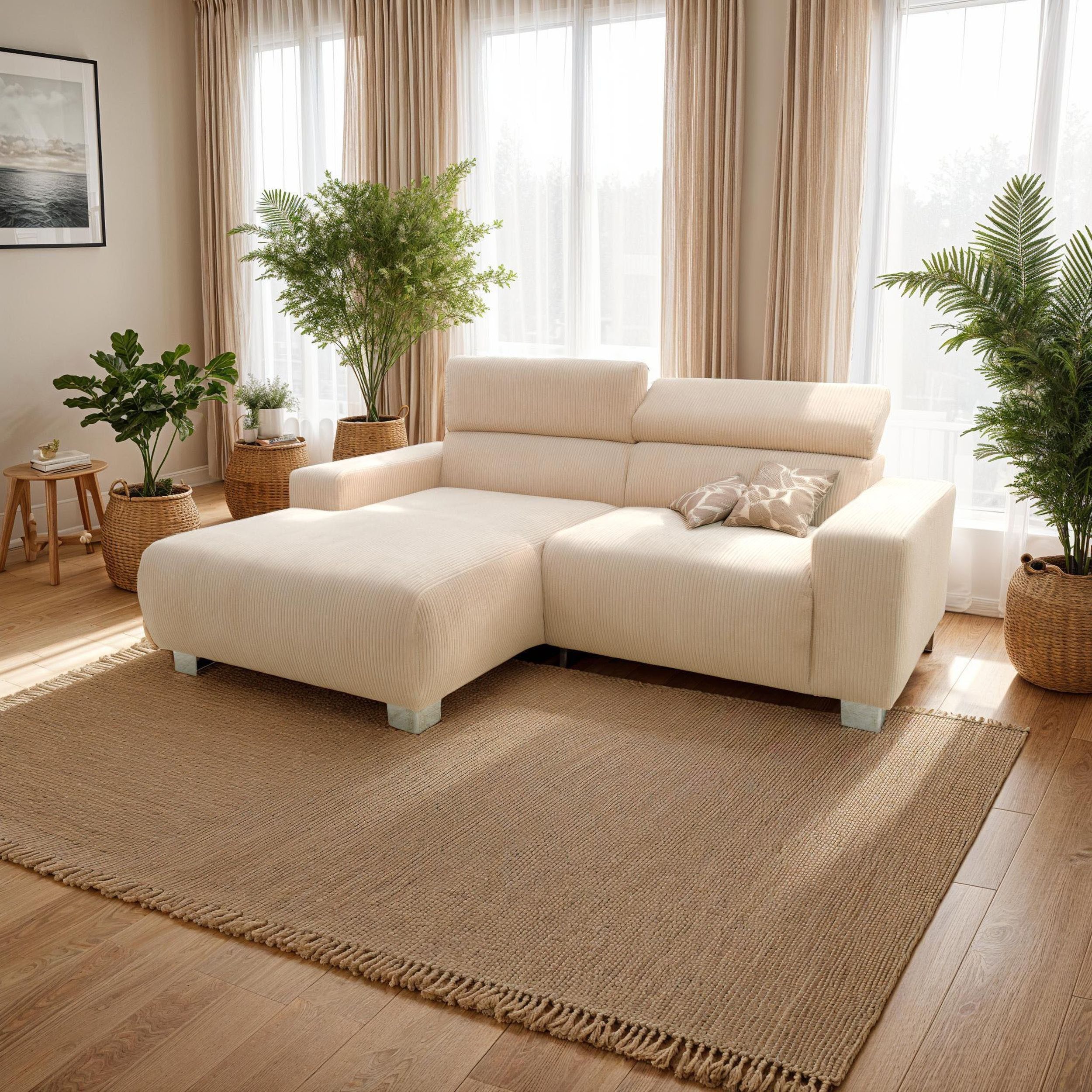 DOMO collection Ecksofa 100030 inkl. Kopfteilverstellung, guter Sitzkomfort, Cordbezug, L-Form, mit komfortabler Wellenunterfederung, ideal für kleine Räume