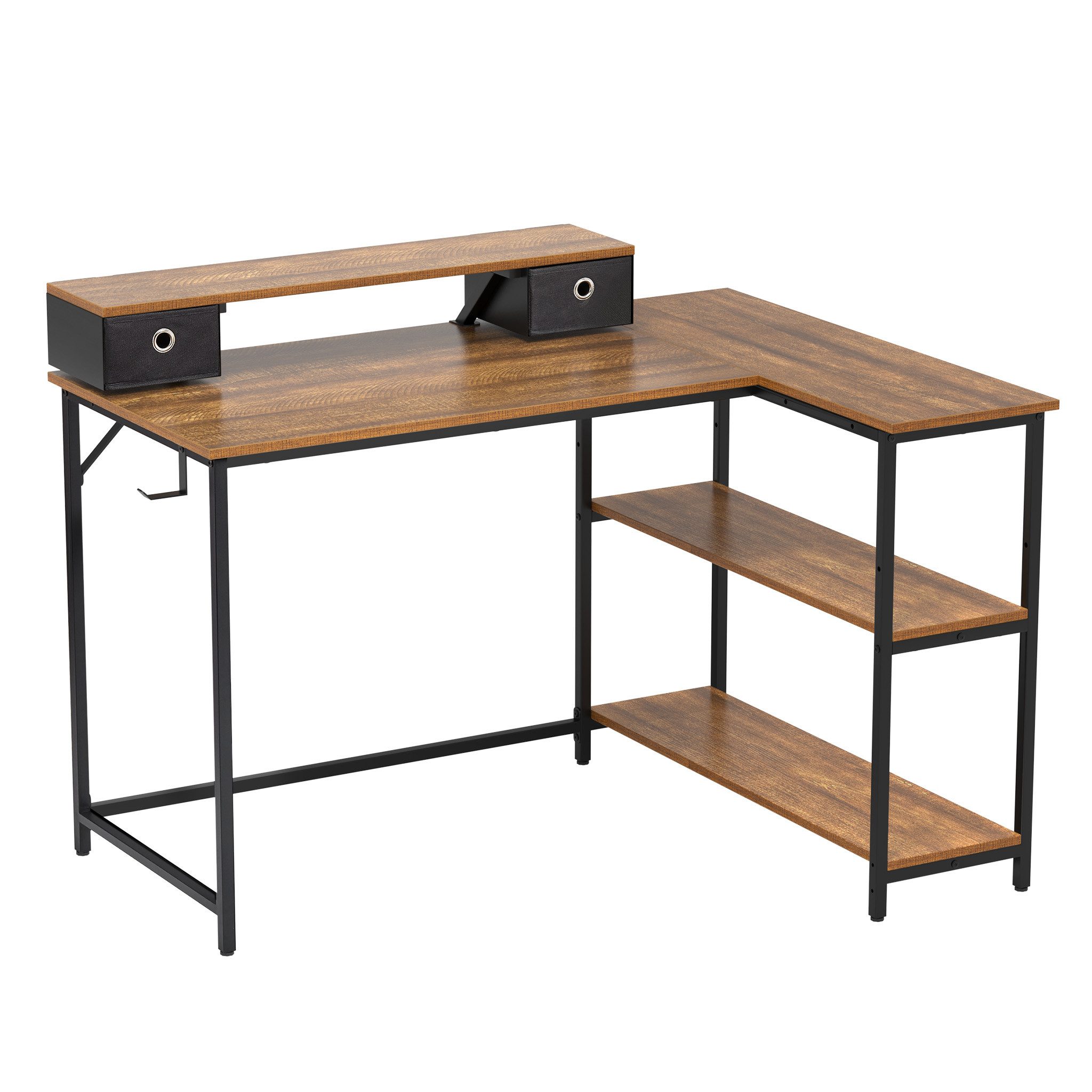 Mondeer Eckschreibtisch L-Förmiger Computertisch, mit 2 Regalen links oder rechts, mit Monitorhalterung, 120x88.5x90 cm