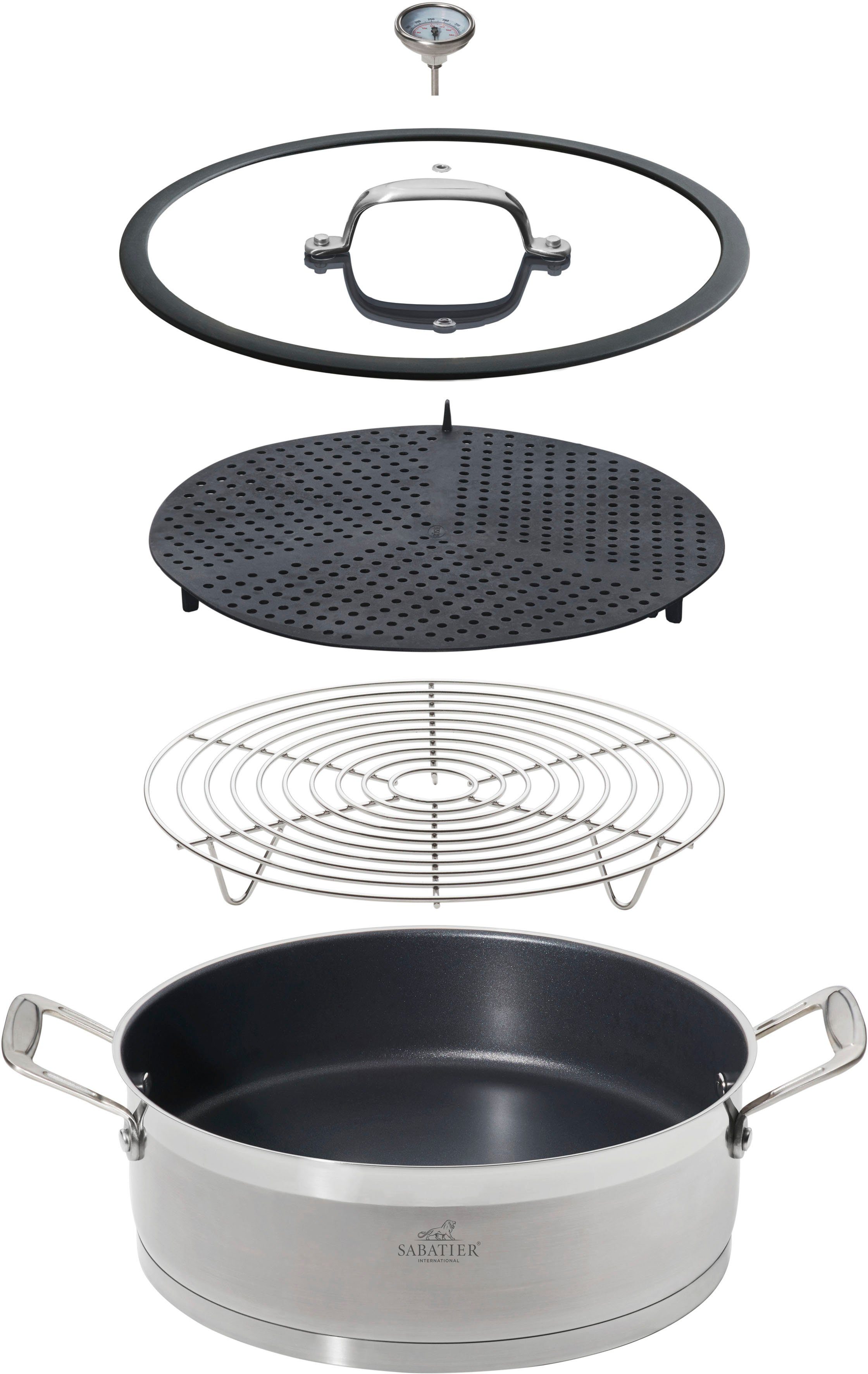 SABATIER International Servierpfanne, Edelstahl 18/10 (4-tlg., 1xDampfgarer, 1xGarrost, 1xEinleger, 1xGlasdeckel mit Dampfauslass), Teflon™ Antihaft, Induktion, Ø28cm, inkl. Rost, Silikoneinlage&Deckel