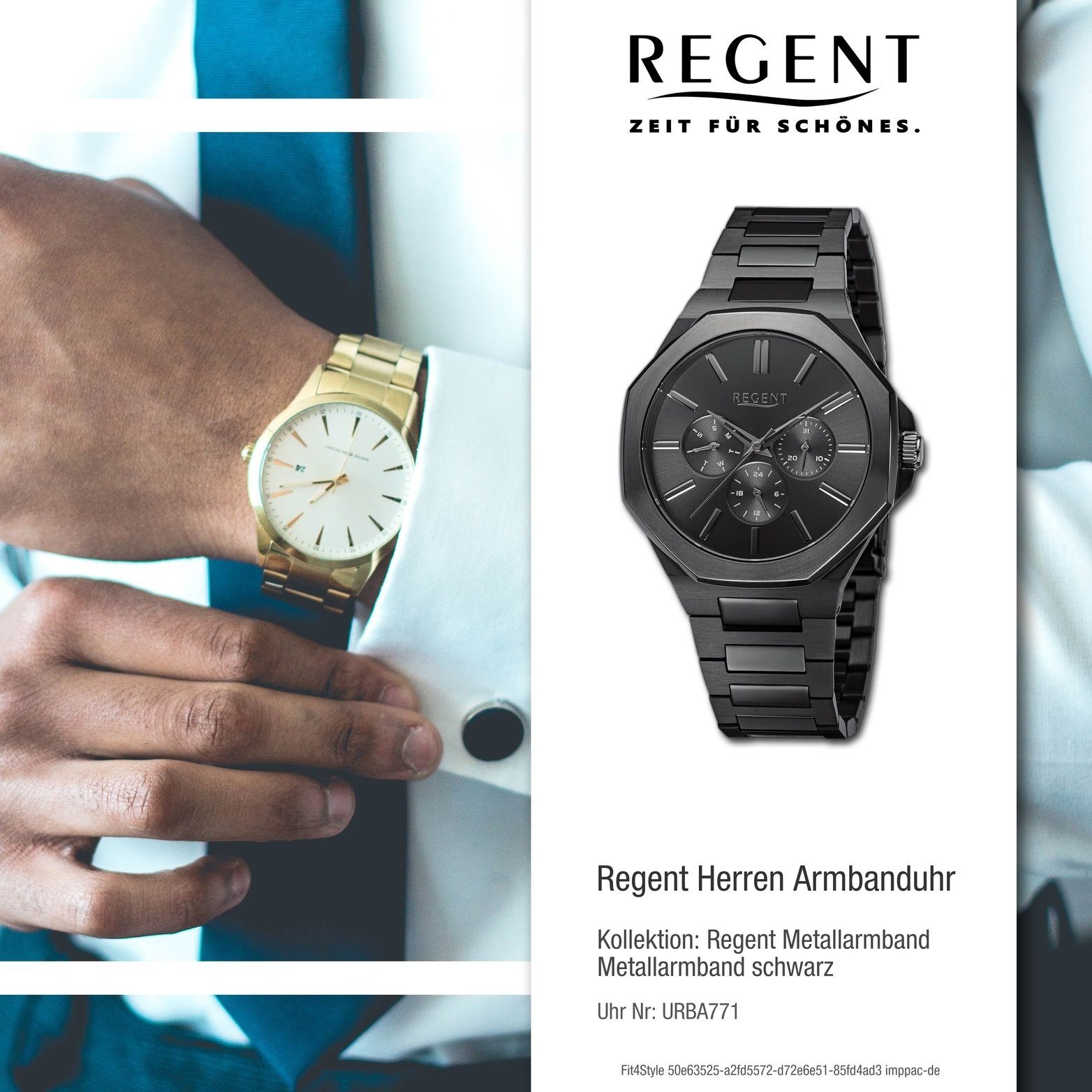 Regent Quarzuhr Regent Herren Armbanduhr Gehäuse, (ca. extra schwarz, Metallarmband rundes Herrenuhr groß 42mm) Analog