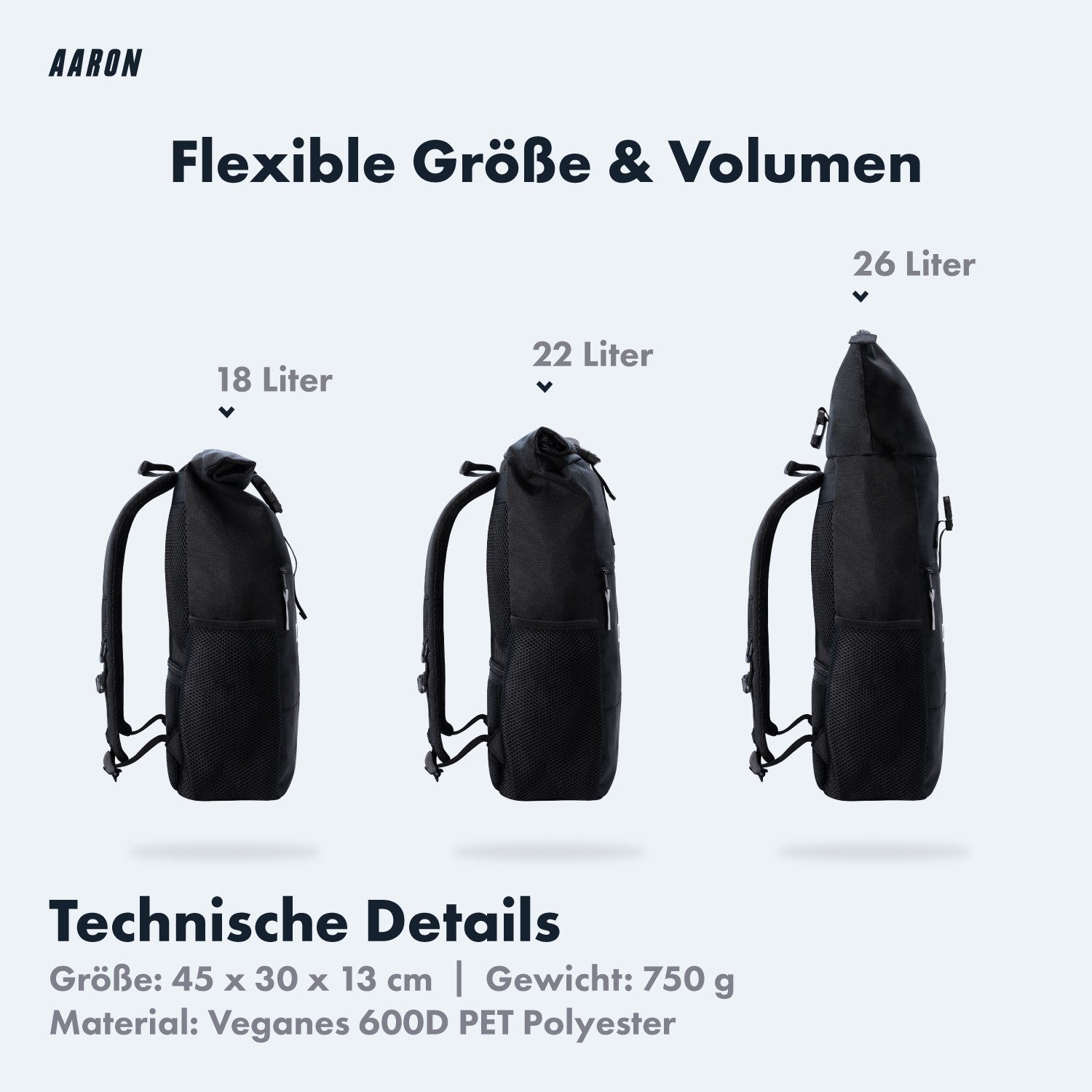 AARON Rucksack Rolltop Rucksack für Damen und Herren - 18–26 L, Schwarz