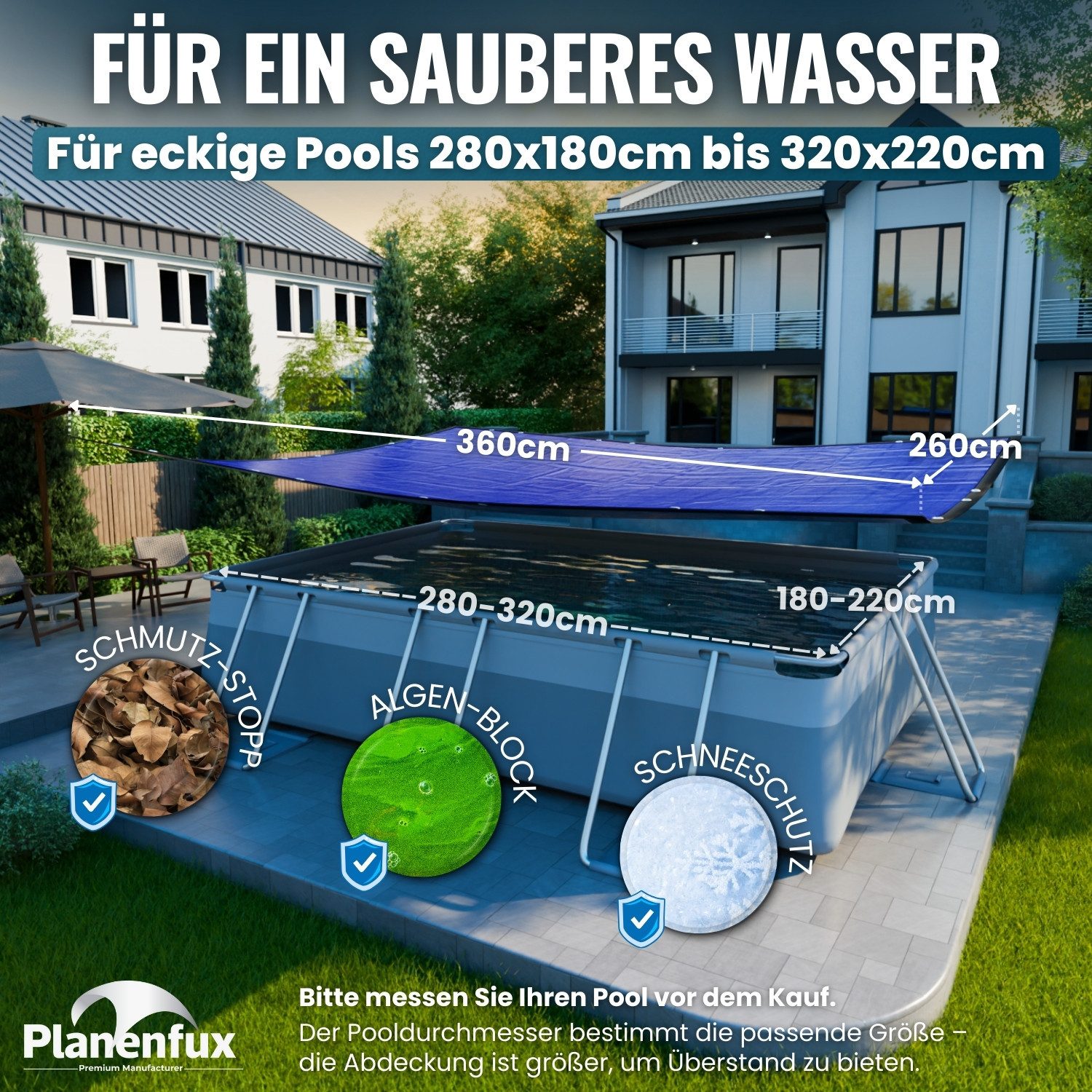 Planenfux® Pool-Abdeckplane Poolplanen rechteckig PE Material - Blau (PARENT), 280-320 x 180-220 cm Pool Abdeckung aus starkem 200g/m² PE Material