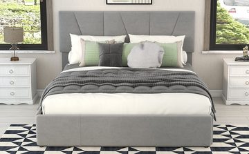 OKWISH Bett Double Size Polster Plattform Bett, gepolstertes Bett (mit vier Schubladen auf zwei Seiten,Verstellbares Kopfteil, 140*200cm), Ohne Matratze