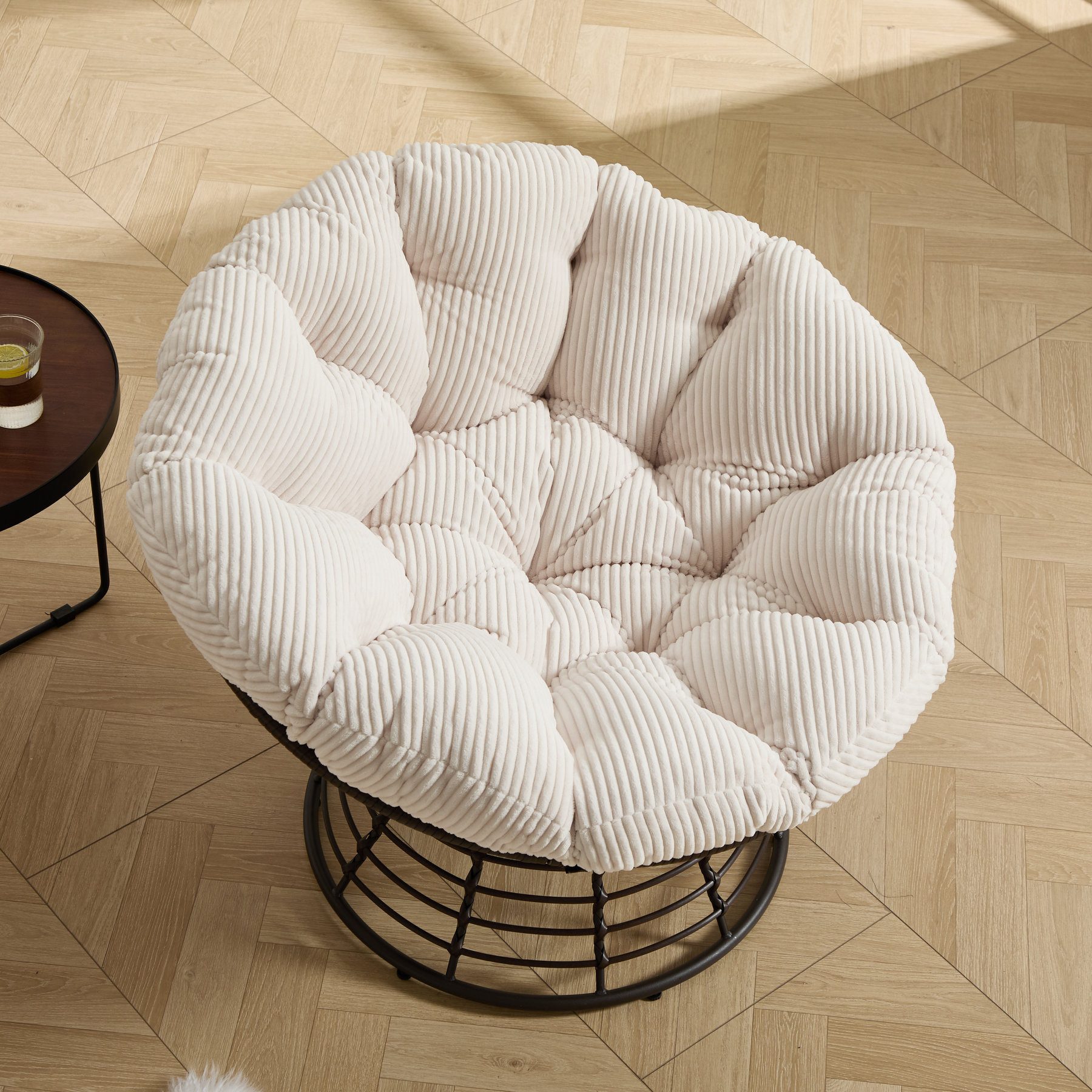 Odikalo Chaiselongue Relaxsessel Gartenstühle Gartenliege Sonnenliege mit schlaffunktion, Komfortabler ergonomischer Papasan-Sessel aus Korbgeflecht–um 360° drehbarer Rattan-Sessel für Innen-und Außenbereiche mit weichem dickem Polster ideal für Wohn- Schlaf-und Lesezimmer (braunes Gestell mit beigem Polster)