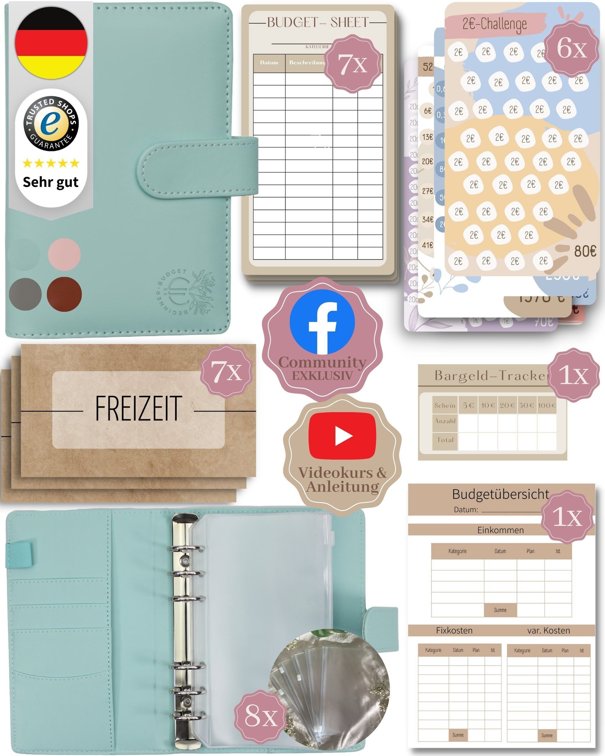BeginnerBudget Ringbuchmappe Budgetplaner Starter-Set Sparbuch zum Geld Sparen + Spar-Challenges, Sparen mit Umschlagmethode + Anleitung - Ringbuch - Binder A6