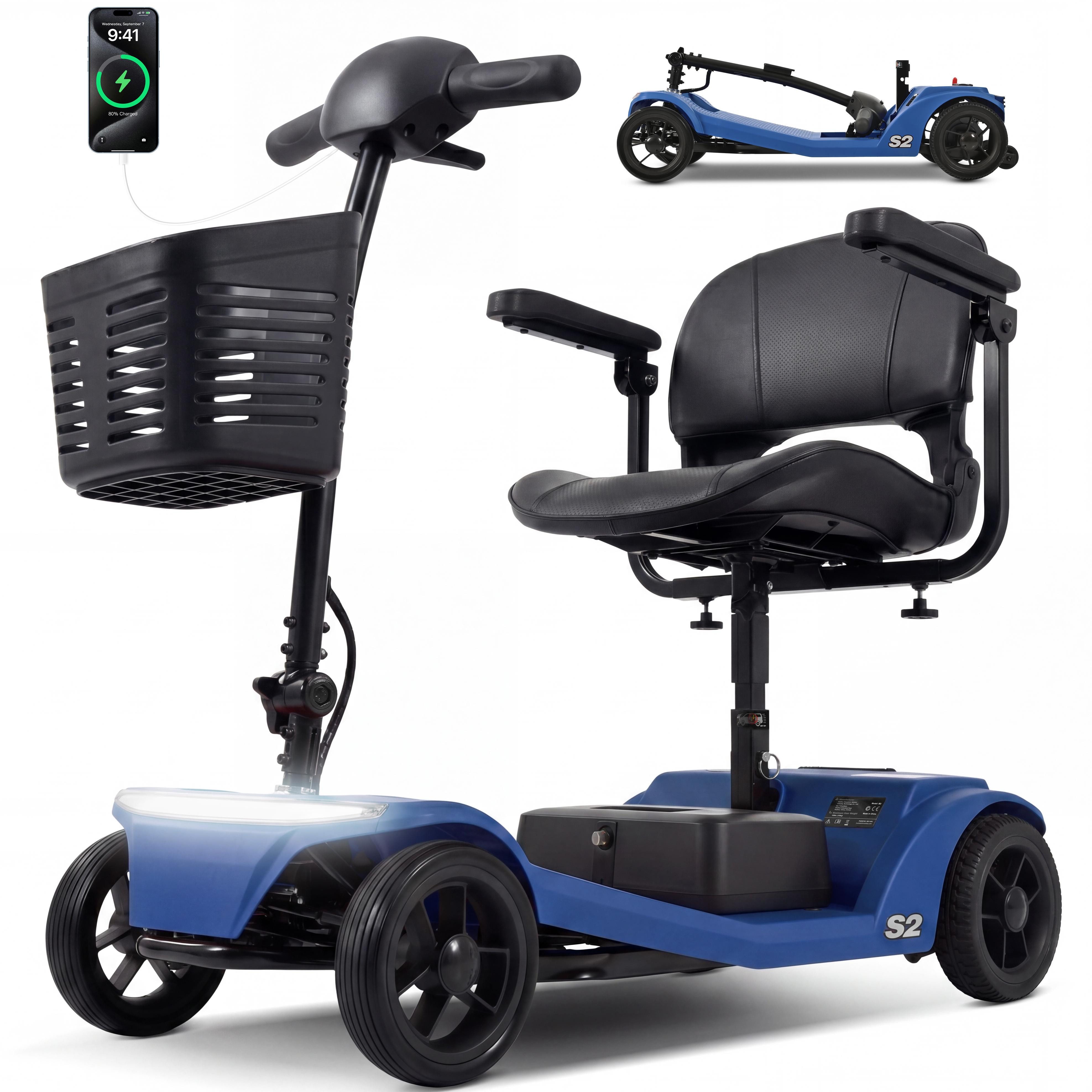 LVHOM Elektromobil faltbar Seniorenmobil, 4-Rad-Elektroroller, Rw. 20km, 12Ah, 250 W, 6 km/h, (abnehmbar Blei-Säure-Ionen Batterie + Handy-Ladeanschluss + vorderer Aufbewahrungskorb + abnehmbar/atmungsaktiv/höhenverstellbarer Sitz + verstellbarer Lenker +