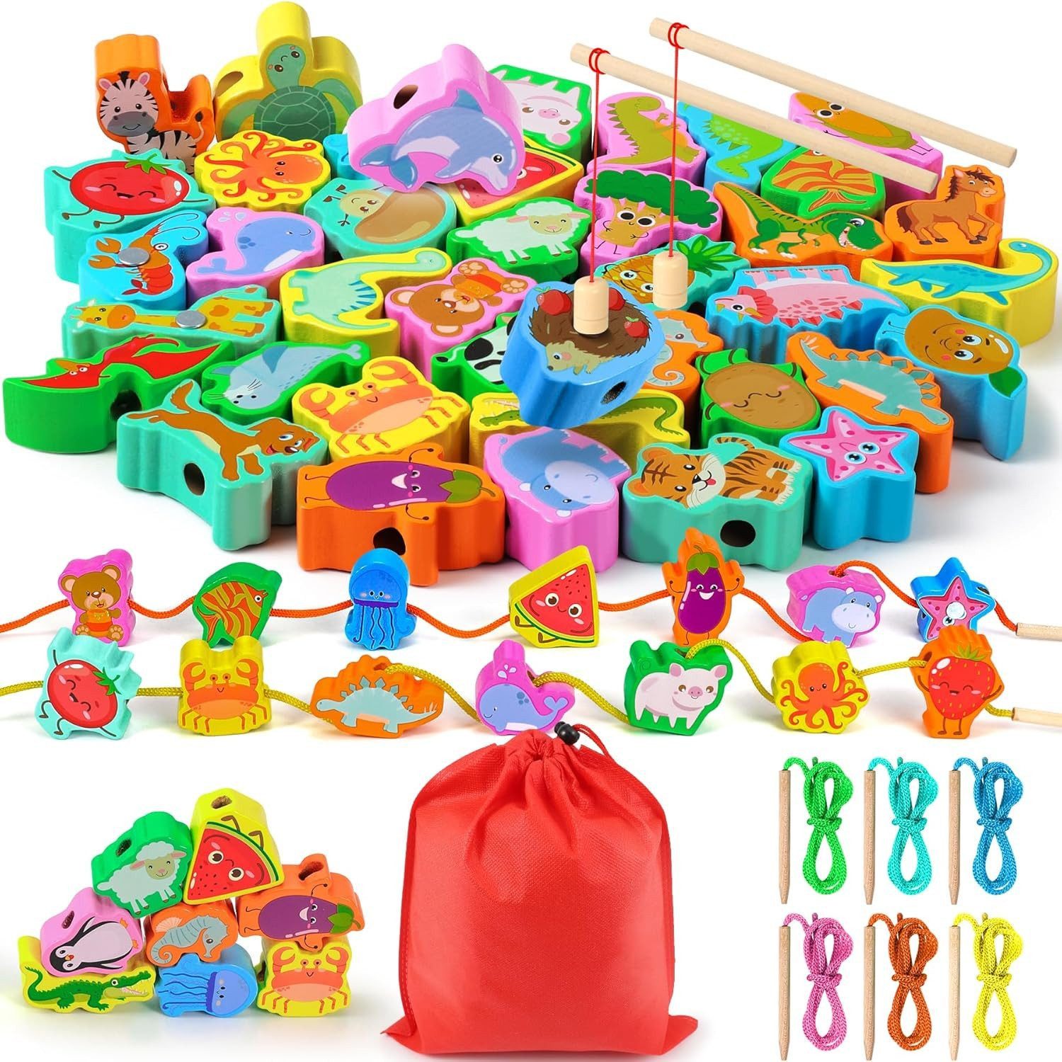 Ophy Lernspielzeug Montessori 2-in-1 Fädelspiel aus Holz – 48 Teile mit 6 Themen, Motorikspielzeug & Holzpuzzle, ideales Geschenk für Mädchen & Jungen