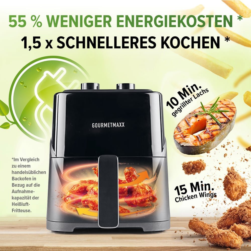 GOURMETmaxx Heißluftfritteuse GOURMETmaxx Heißluft-Fritteuse 1300W schwarz Mechanisch 3,2l, 1300 W, Fritteuse für bis zu 3 Personen, mechanische Drehregler, 5 P – Bild 5 von 5
