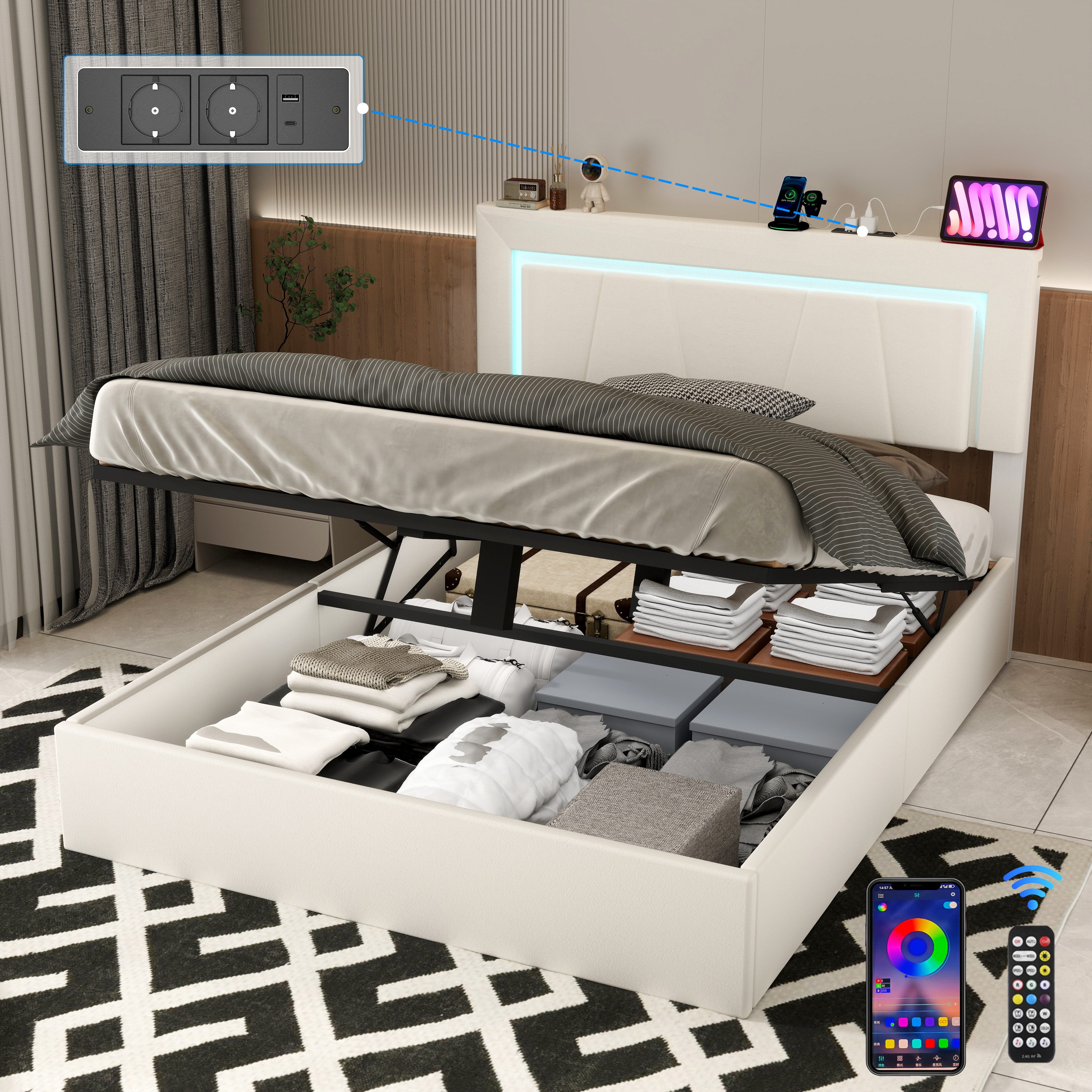 oyajia Polsterbett LED Doppelbett 140x200cm mit Ladefunktion und Hydraulisch anhebbarer (PU-Leder material Polsterbett mit RGB Beleuchtung, ohne Matratze, ohne Matratze), mit Lattenrost und Ladefunktion, mit Komforthöhe, Leises Design Bett