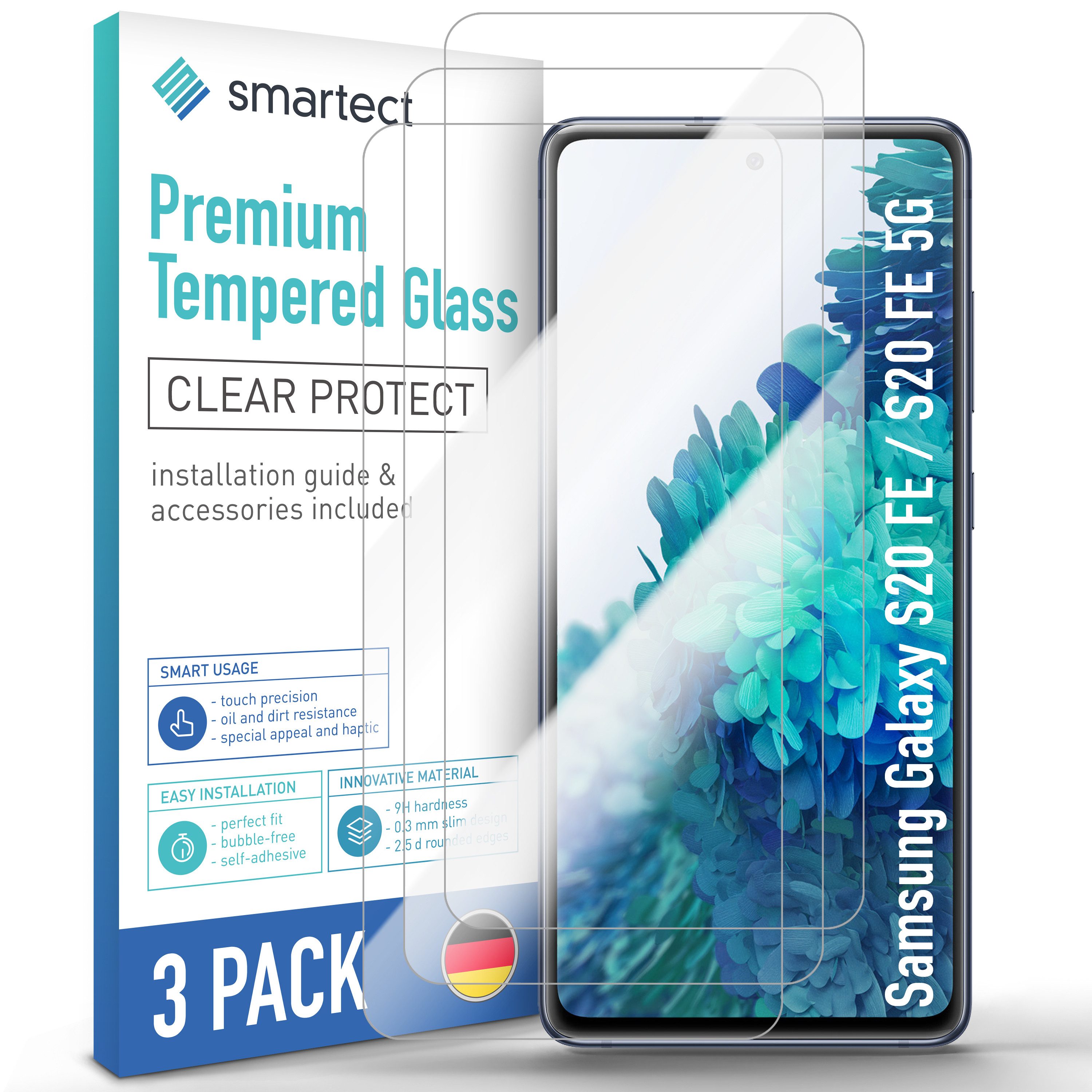 smartect Displayschutzglas 3X Schutzglas Panzerfolie Klar für Samsung Galaxy S20 FE für Samsung Galaxy S20 FE, Set, 3 Stück, Anti-Fingerabdruck, 9H Härte, kratzfest