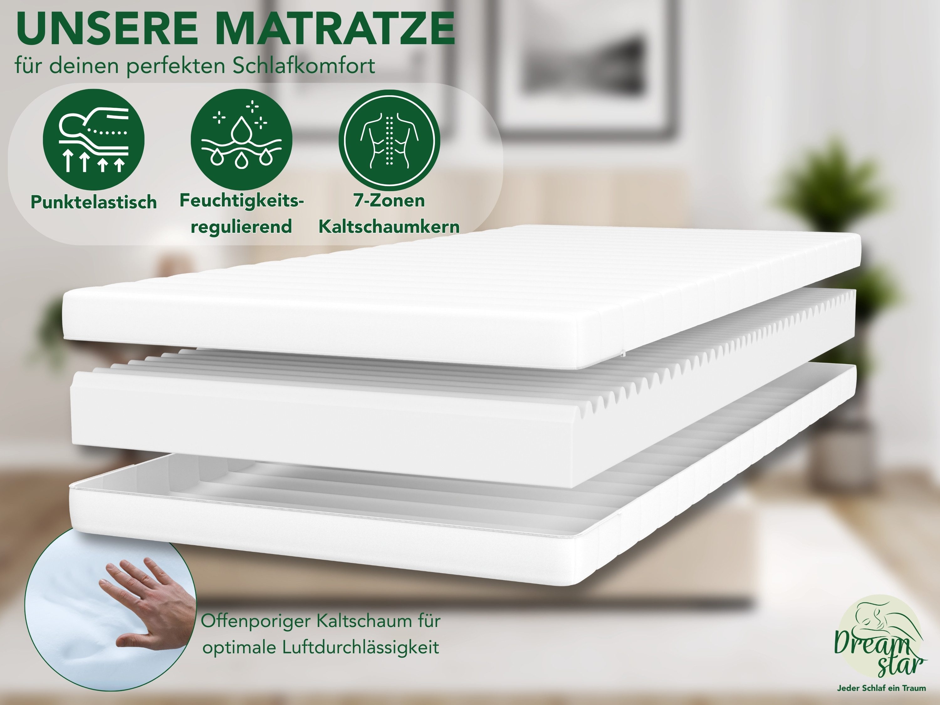 Kaltschaummatratze 7-Zonen Easy Flex - zwei Liegeseiten - 90x200 120x200 140x200 180x200, Dreamstar, verschiedene Größen, Härtegrade und Höhen - ergonomisch, wendbar