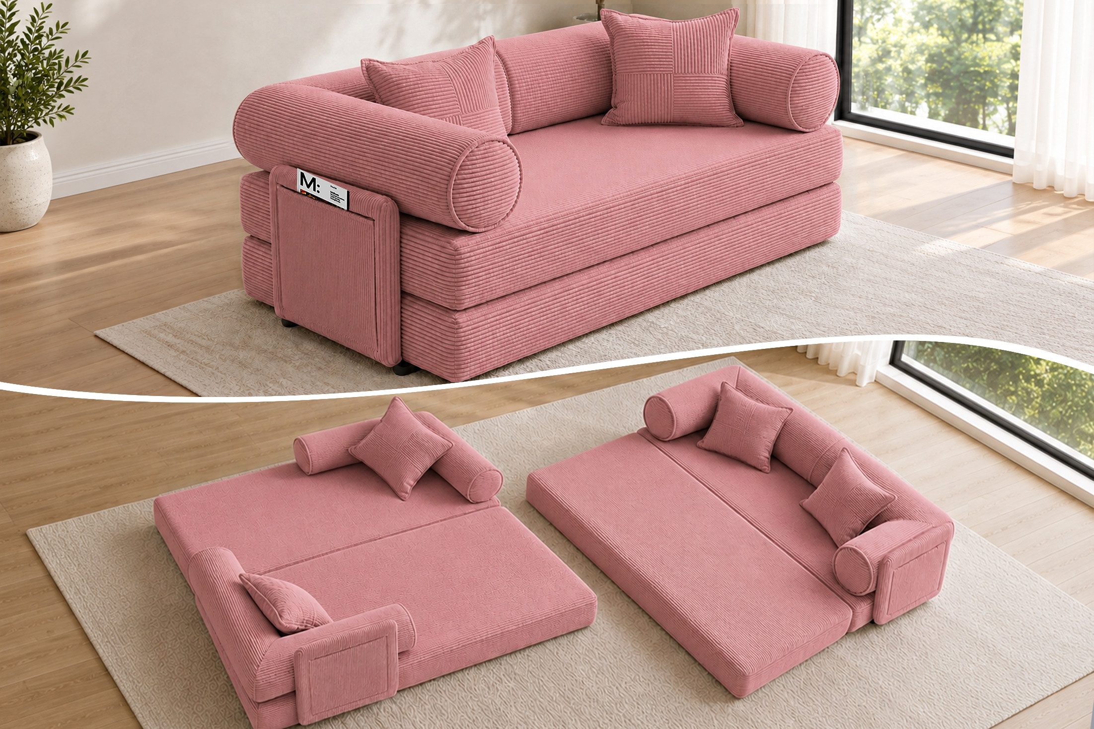 Hoolamyie Sofa 6-in-1 Cord Schlafsofa mit Schlaffunktion, 200 cm breit, 2-Sitzer, Modulares Sofa, ohne Montage, komprimiert verpackt, bis 200 kg