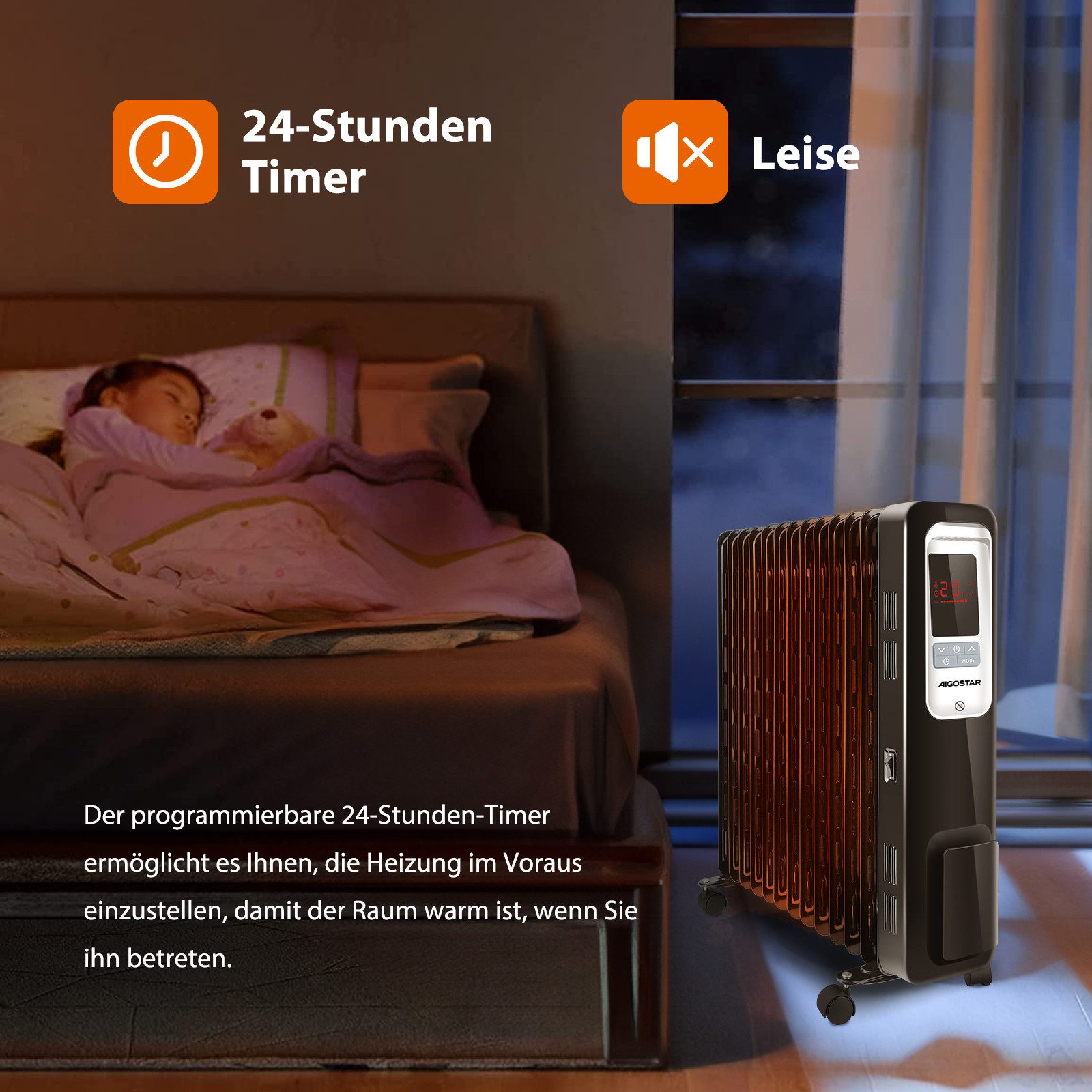 Aigostar Ölradiator 2500W Ölradiator Energiesparender,LCD Elektro Heizkörper mit 13 Rippen, regulierbarer Thermostat – Bild 3 von 5