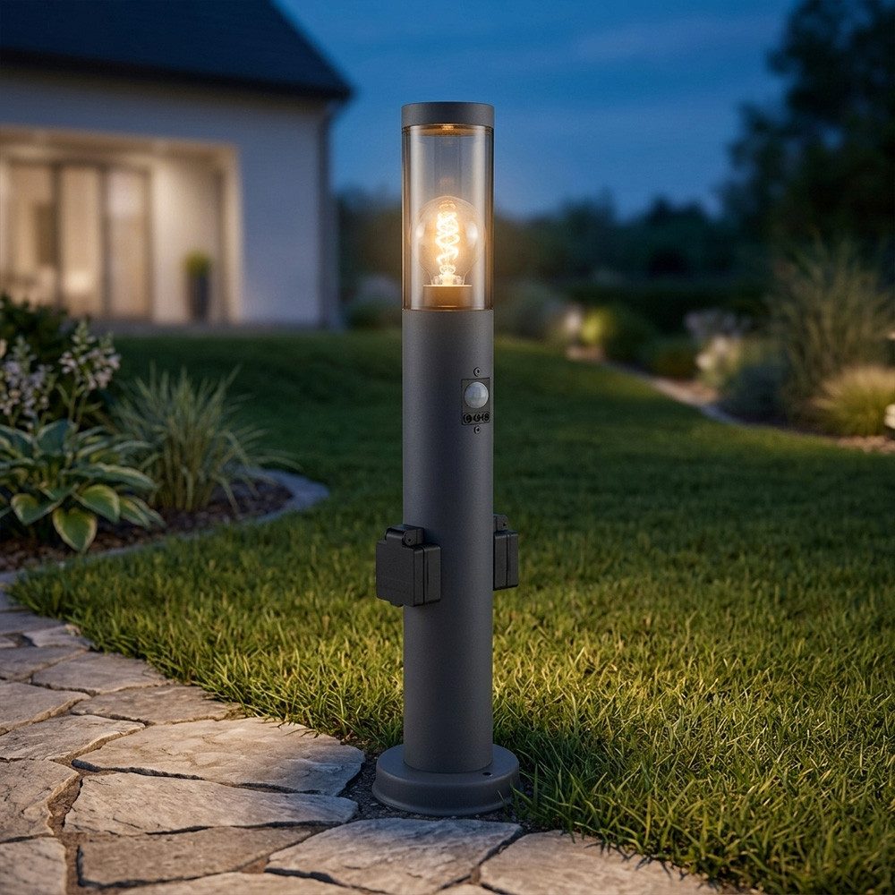 GLOBO LIGHTING LED Außen-Stehlampe, Leuchtmittel inklusive, Warmweiß, LED Sockelleuchte mit Steckdose und Bewegungsmelder Außen Stehleuchte
