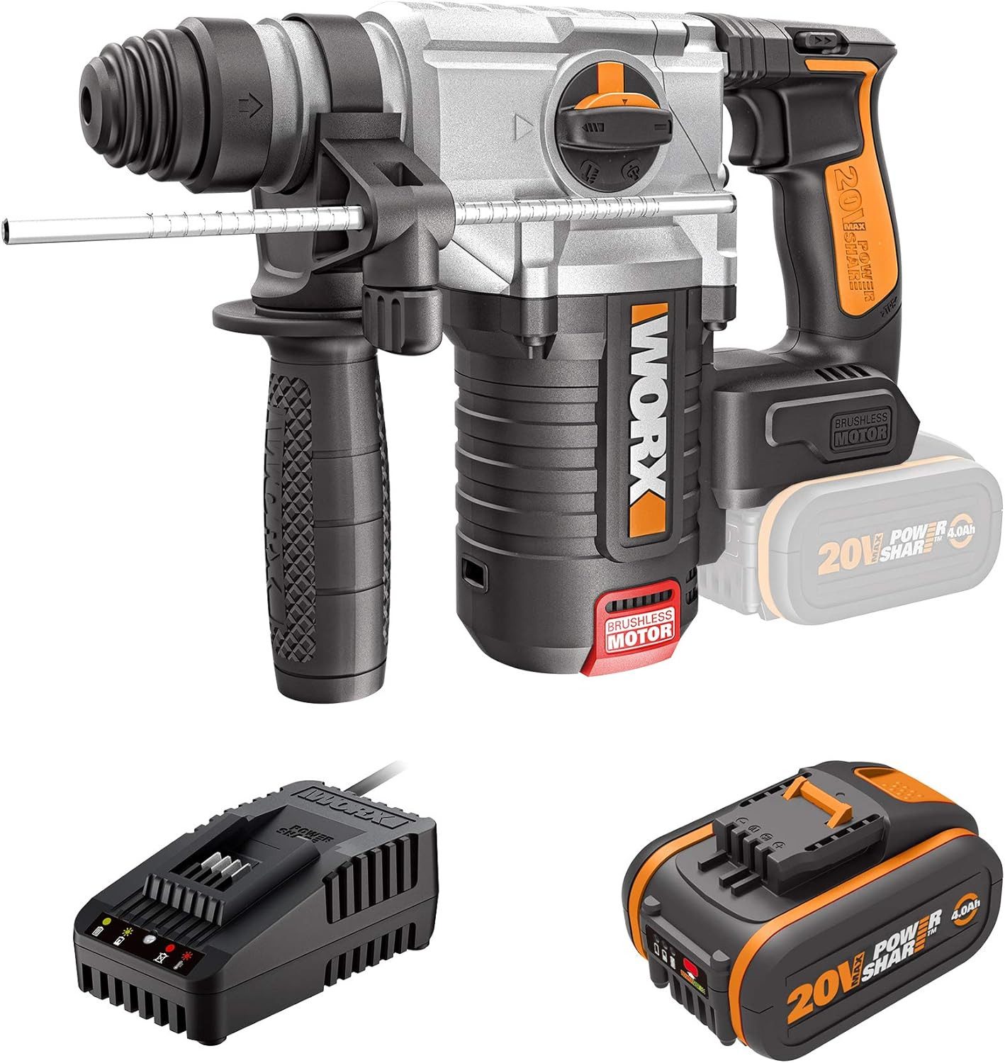 Worx Akku-Bohrhammer WX380.1 4in1 Stemmhammer Bohrschrauber 20V Hammerbohren, max. 1200 U/min, (1-tlg), Kompakt