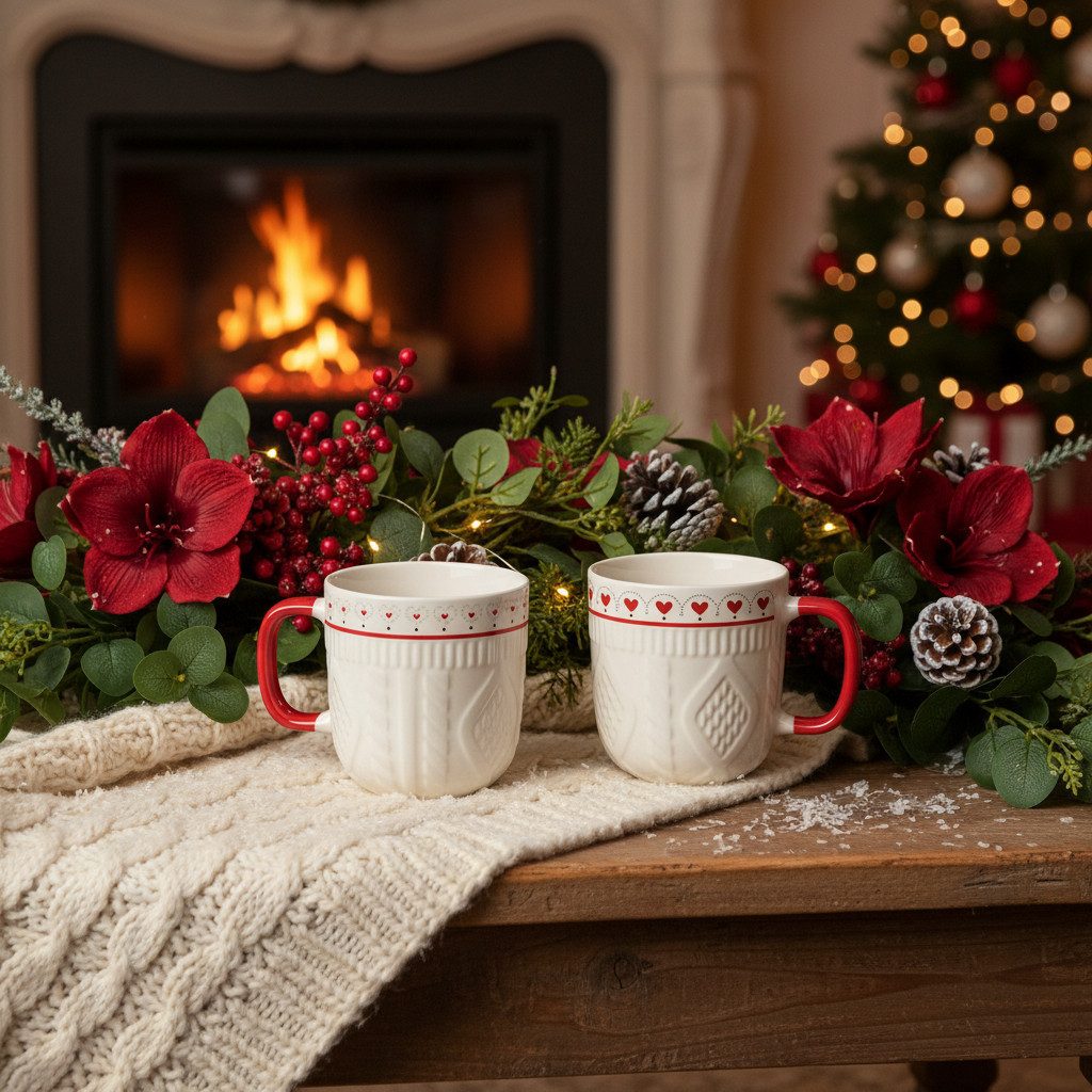 Kaemingk Weihnachtsmann Kaffeetasse mit dekorativem Herzmotiv und Strickdesign aus, 2 Stück