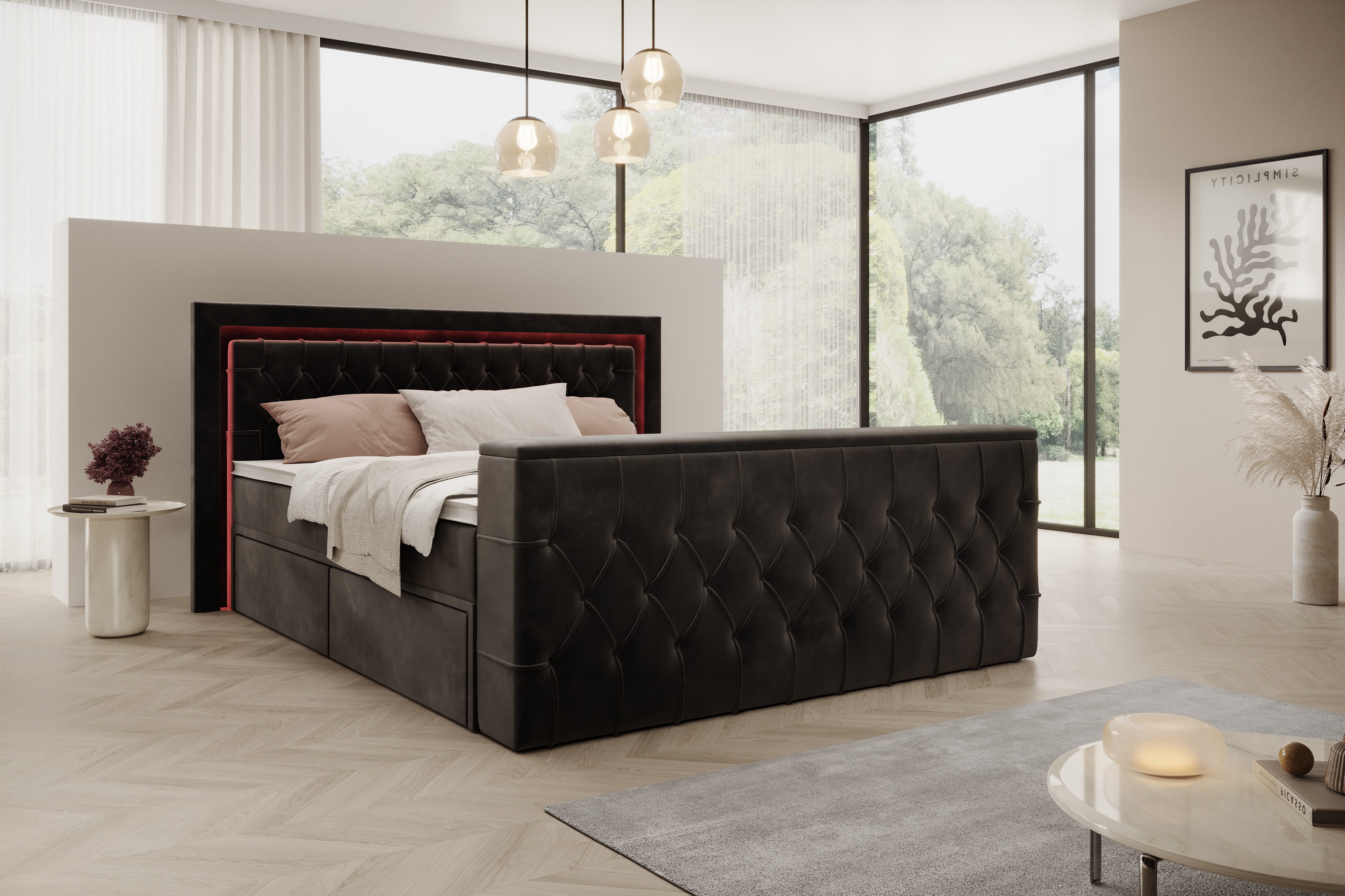 PROMETO Möbel Boxspringbett Doppelbett 180x200 mit Matratze, Schubladen TV-Lift LED Beleuchtung, inkl. 7-Zonen-Taschenfederkernmatratze, TV-Lift im Fußteil, Top – Bild 5 von 5