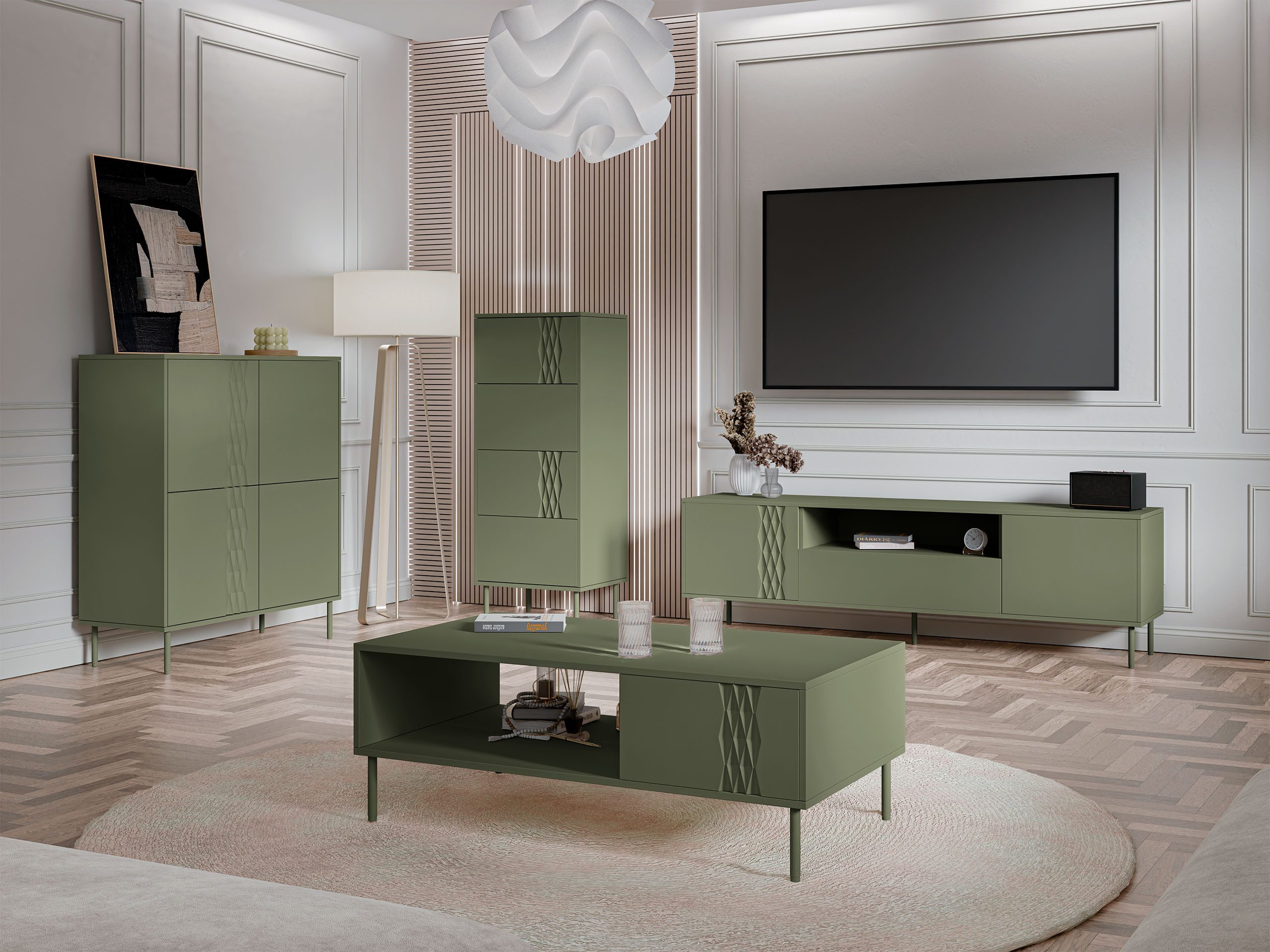 MIRJAN24 Wohnzimmer-Set Tresse I, (4er-Set, 2x Kommode, TV-Lowboard, Couchtisch), Metallfüße, Griffloses Öffnungssystem push to open