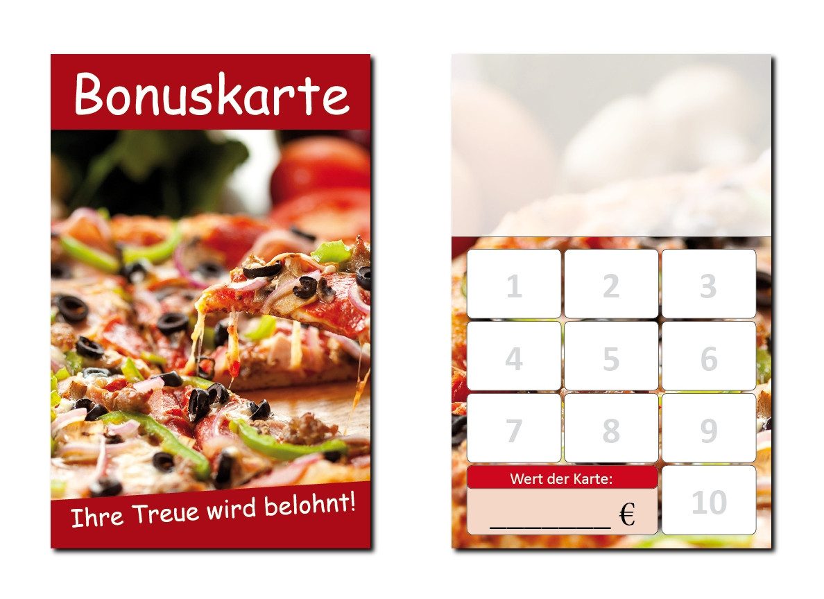 LYSCO Visitenkarten Bonuskarte Gastronomie Kundenkarte Pizza Pizzeria (BOK-413), Treuekarten, Rabattkarte, Restaurant,10 Stempelfeldern + Firmenstempel