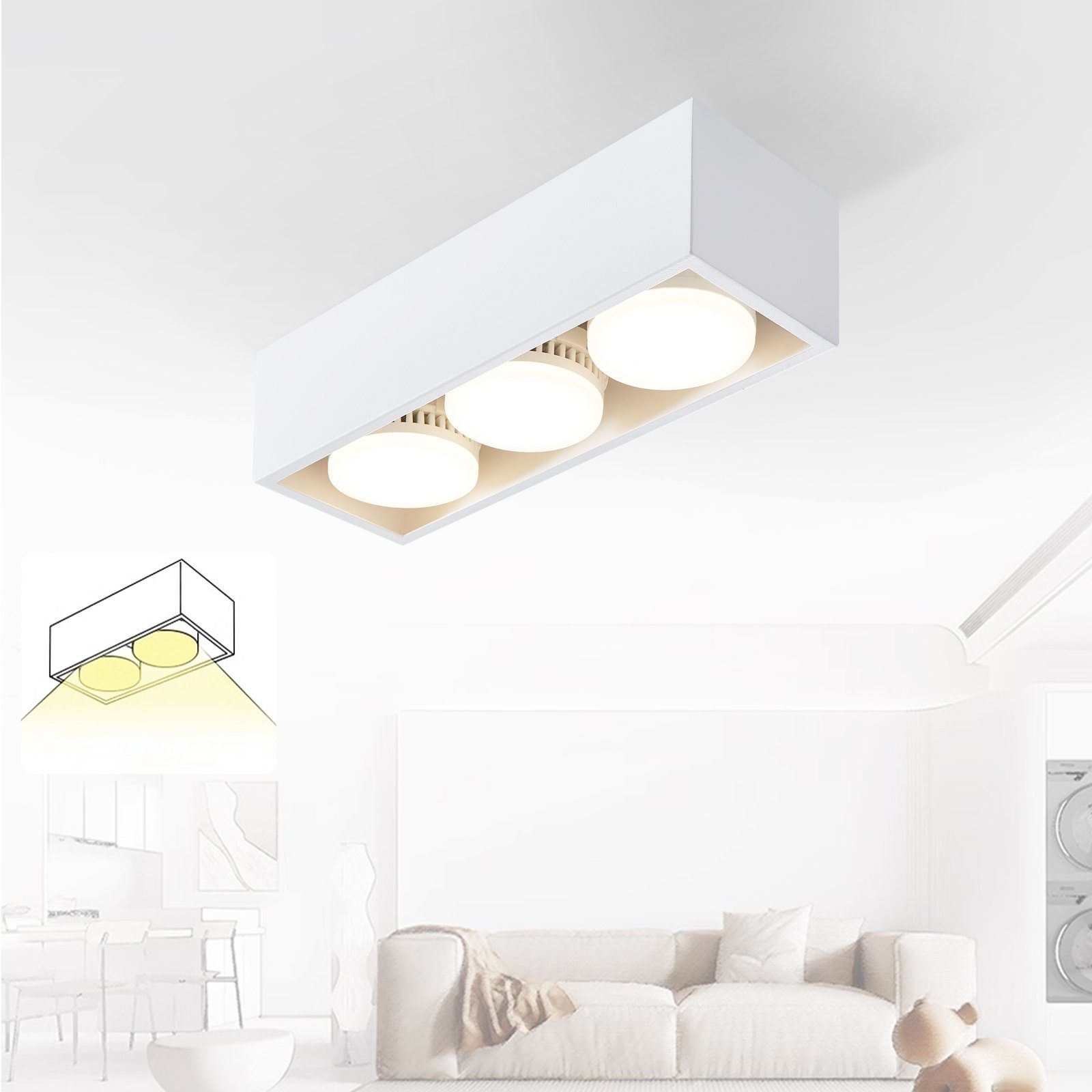 Flammig Weiß für Eckig Deckenspots 3000k, - GX53 Wohnzimmer, Aufbaustrahler Deckenstrahler Küche Deckenleuchte LED Schwenkbar, mit ZMH LED 15W 3