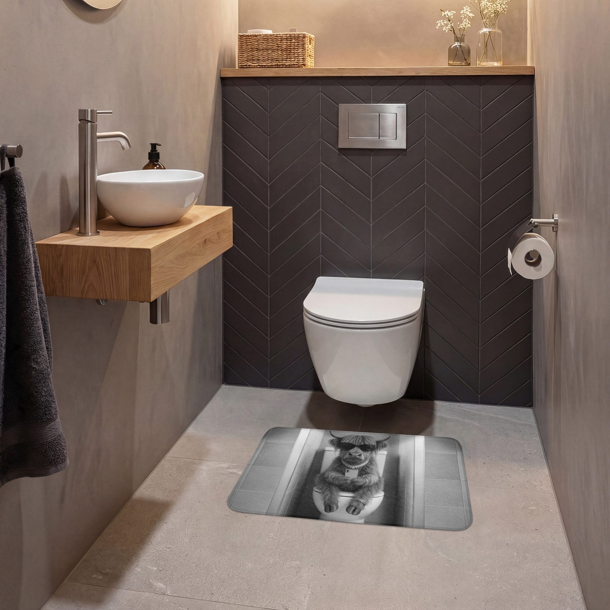 OnlyWow WC-Vorleger Taurus - Telefon - Toilette - Schwarz - Weiß, Höhe 10 mm, Polyester, Rechteckig, WC Teppich, Toilettenvorleger, Toilettenteppich, Badematte  – Bild 4 von 5