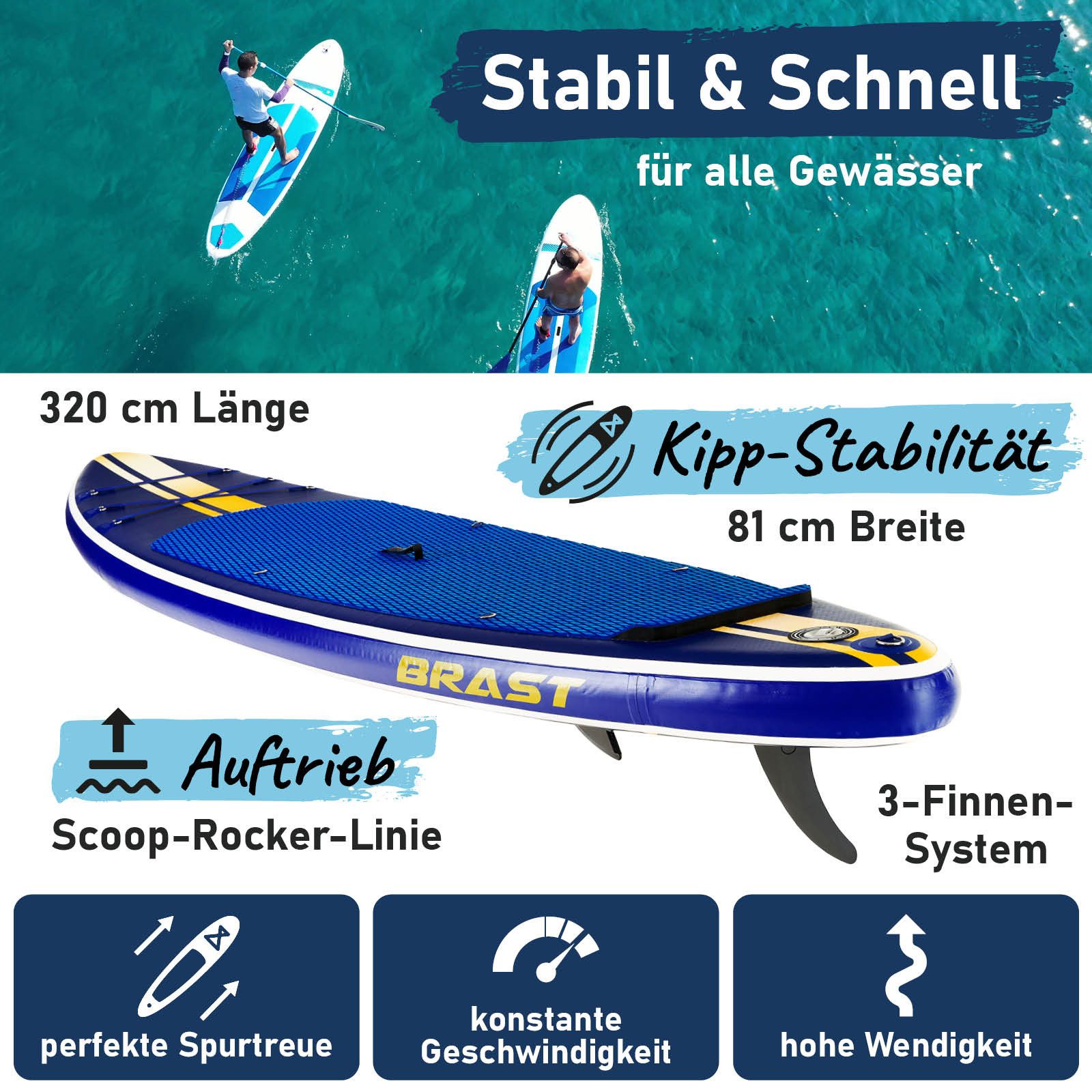 BRAST SUP-Board Shark, Aufblasbares Stand up Paddle Set, 320x81x15cm, 8 Designs, 5 Jahre Garantie, inkl. Sonderzubehör