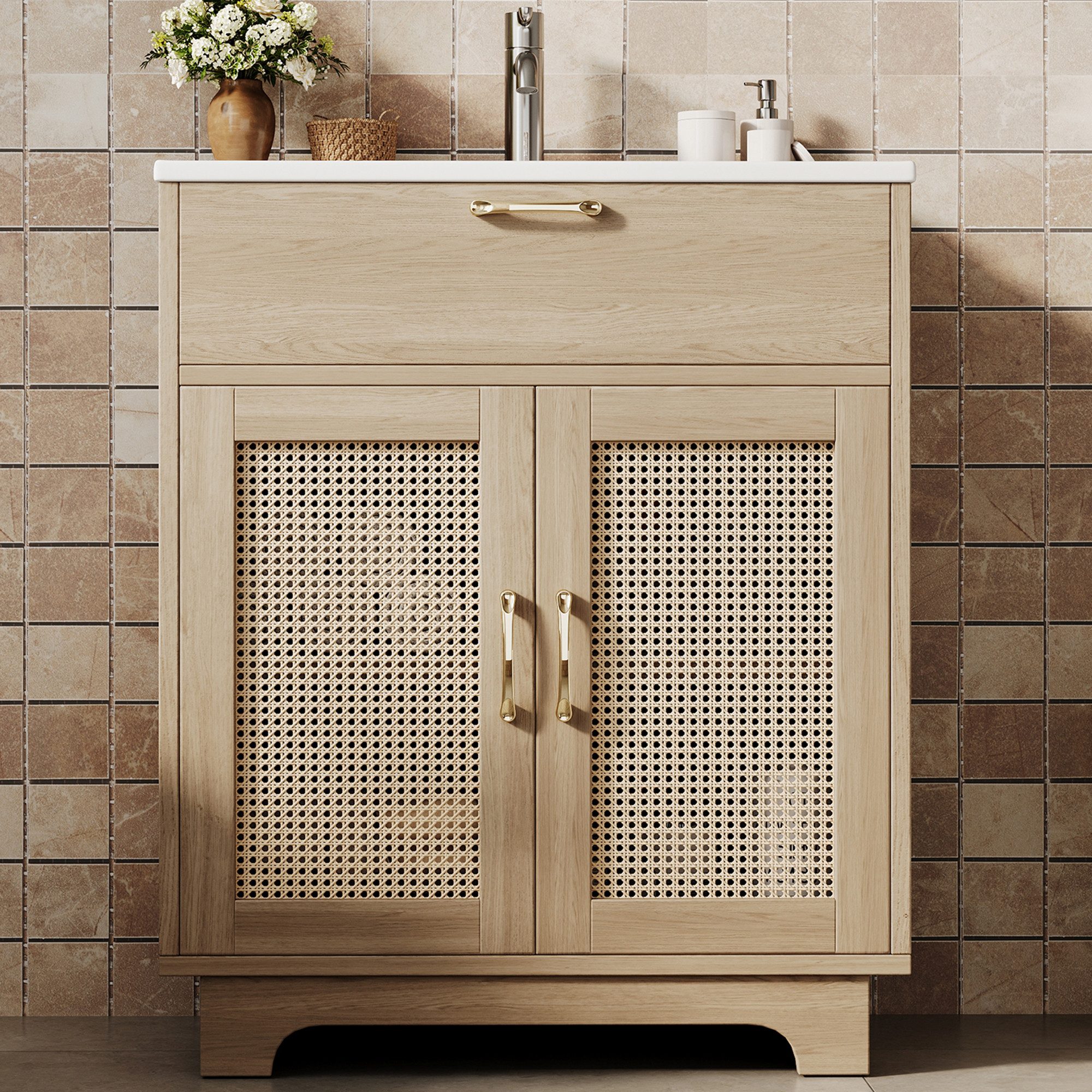 Flieks Waschtisch mit Doppeltüren Rattan, Klappen und verstellbarer Einlegeböden Natur (bodenstehend, Badzimmerschrank mit Schubladenlift-Design und doppelten Soft-Close-Türen, 1-St., B76/T46/H88 cm), Waschbeckenunterschrank inkl. Waschbecken Badmöbel-Set Holzoptik