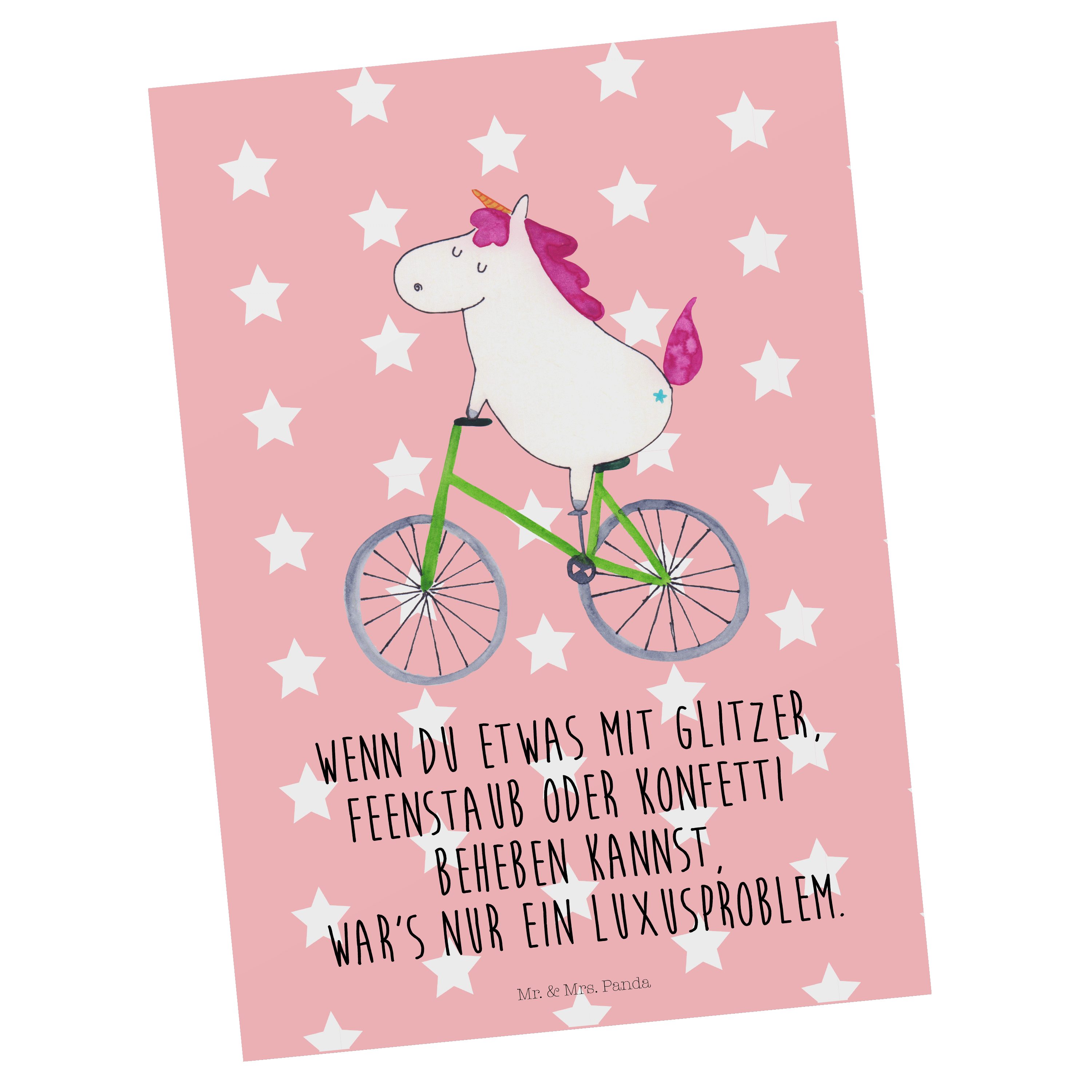 Mr. & Mrs. Panda Postkarte Einhorn Radfahrer - Rot Pastell - Geschenk, Dankeskarte, Einladungska | Grußkarten