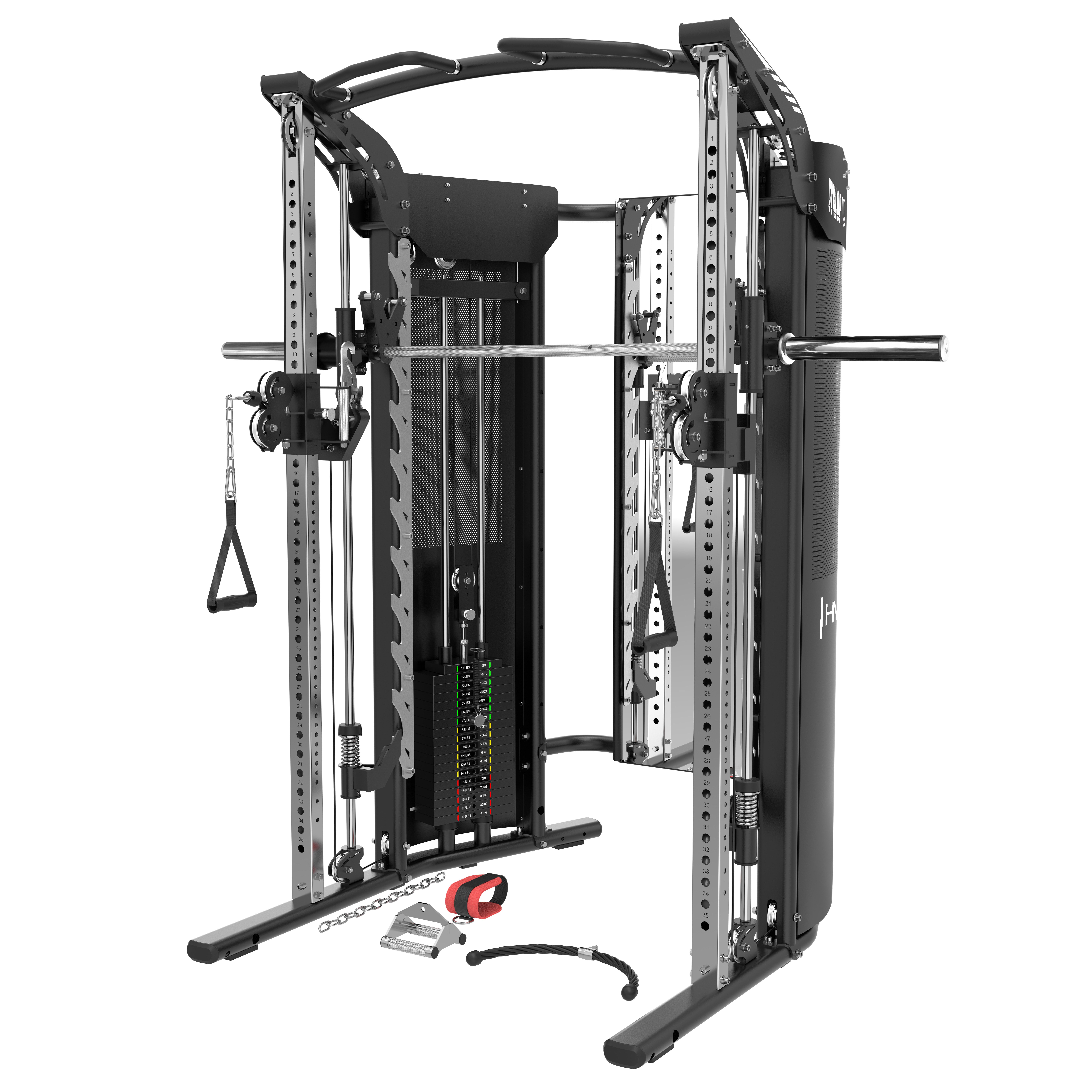 HMS Kraftstation Multipresse Kabelzugturm Fitnessstation, 2 Gewichtsblöcke (Spar-Set, 1-tlg., 202 x 152 x 218 cm stabil), 3-in-1, Smith-Maschine, 2x90 kg Steckgewichte, Kabelzug