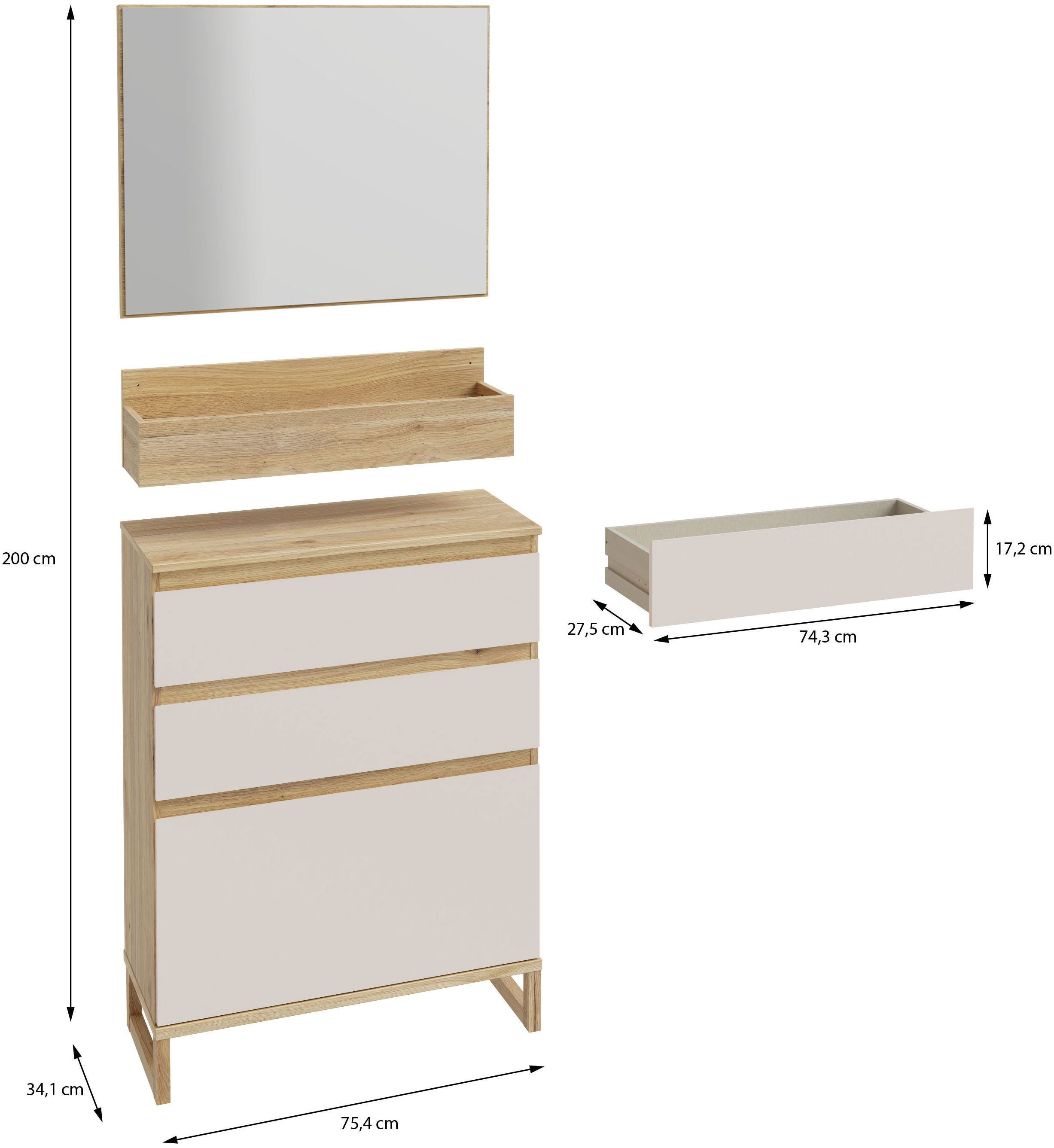 FORTE Garderoben-Set, (3-St), Kompaktgarderobe mit Spiegel, Regal und Kommode mit Schuhkorb