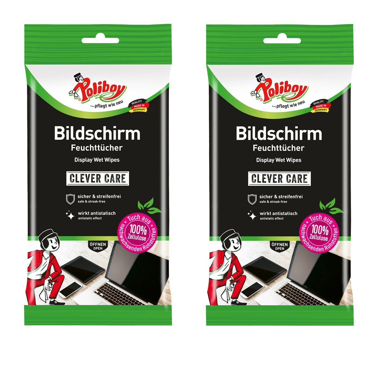 poliboy Bildschirmfeuchttücher - 30 extra große Feuchttücher Bildschirmreinigungstuch (15x20 cm, zur sanften Reinigung von empfindlichen Oberflächen - Made in Germany) | Mikrofasertücher