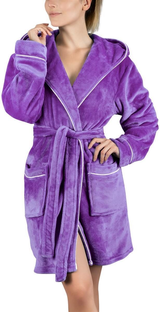Gräfenstayn Damenbademantel Bademantel Damen flauschig Kapuze Kuschelfleece leicht kurz, warm & kuschelig, Knielang, Fronttaschen, Gürtel, S-XXL
