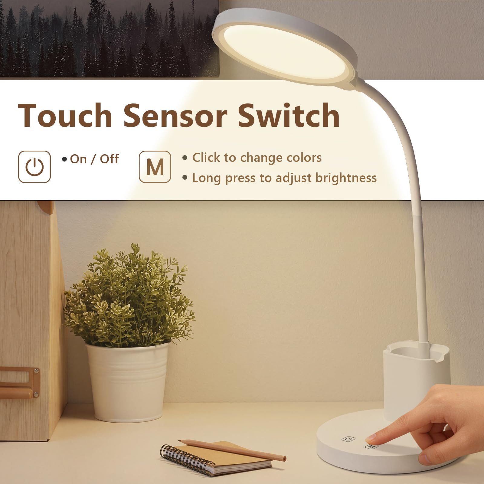 LQWELL LED Schreibtischlampe 4 in 1 LED Schreibtischlampe USB Aufladbar, LED fest integriert, 3 Helligkeitsstufen Nachtlicht, 360° Flexibel Stifthalter Tischlampe Studienlampe, mit Telefonhalter,für Heimbüro