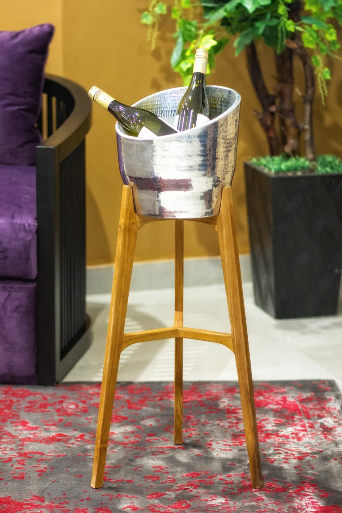 More2Home Weinkühler ALUCOOL-XL, auf Teakholz-Ständer, Alu silber