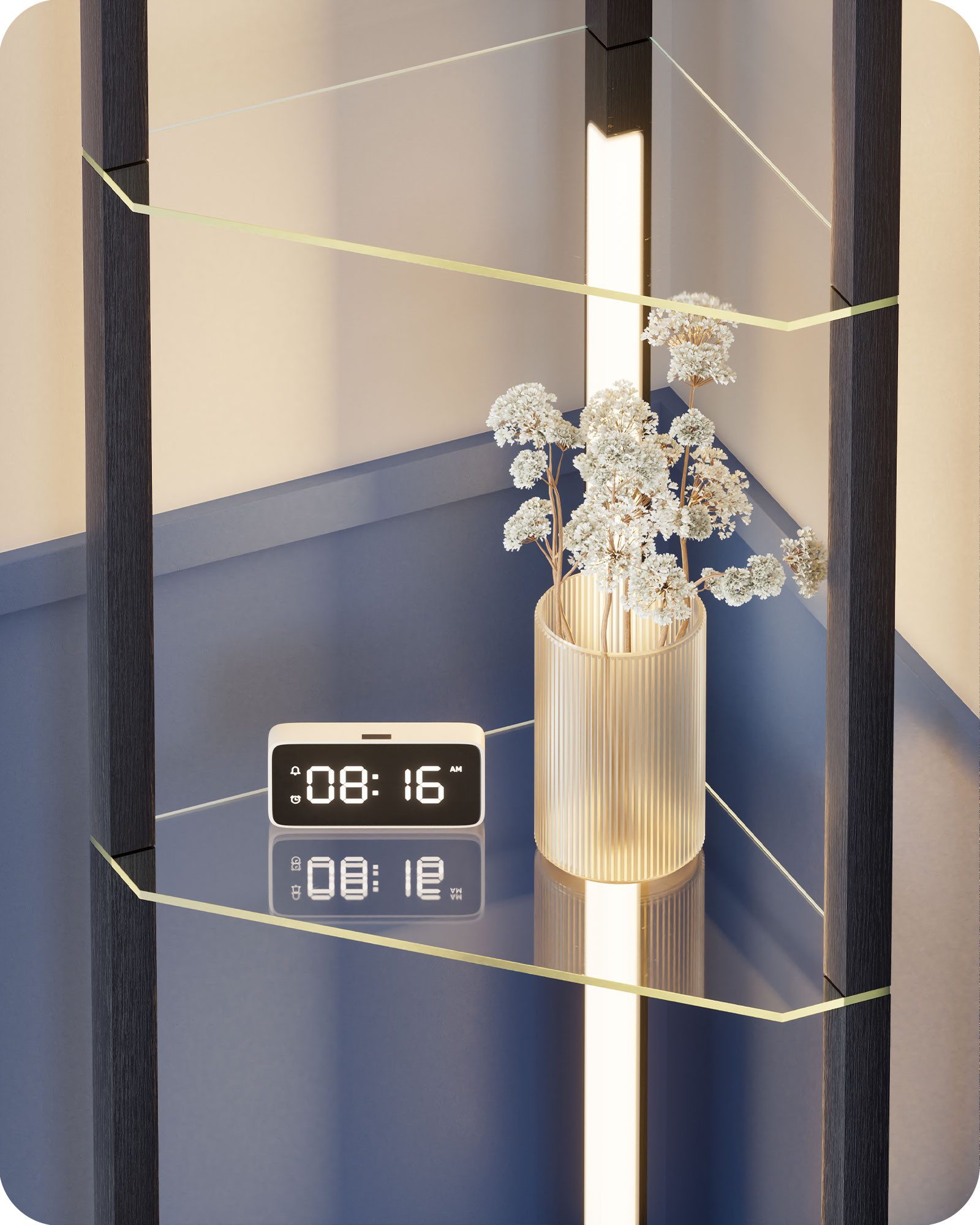 EDISHINE Stehlampe Wohnzimmer Dimmbar, Standleuchte mit Holz-Regal, LED fest integriert, warmweiß, LED Dimmbar Stehleuchte, Eckregal Regalbeleuchtung