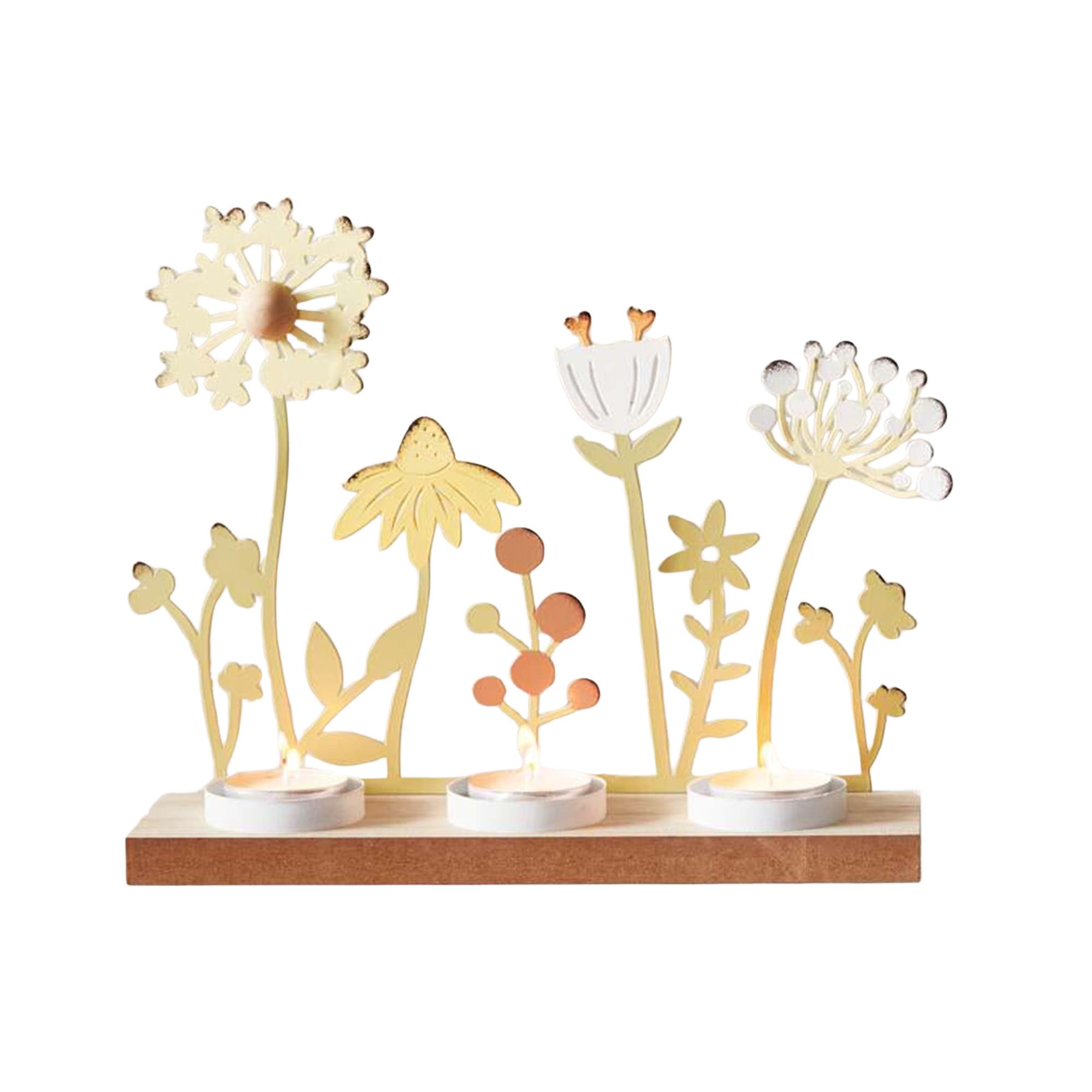 Dekoleidenschaft Teelichthalter "Blumenwiese" aus Metall, Holz Sockel für 3 Teelichter, Kerzenständer, Wohnzimmer & Balkon Deko