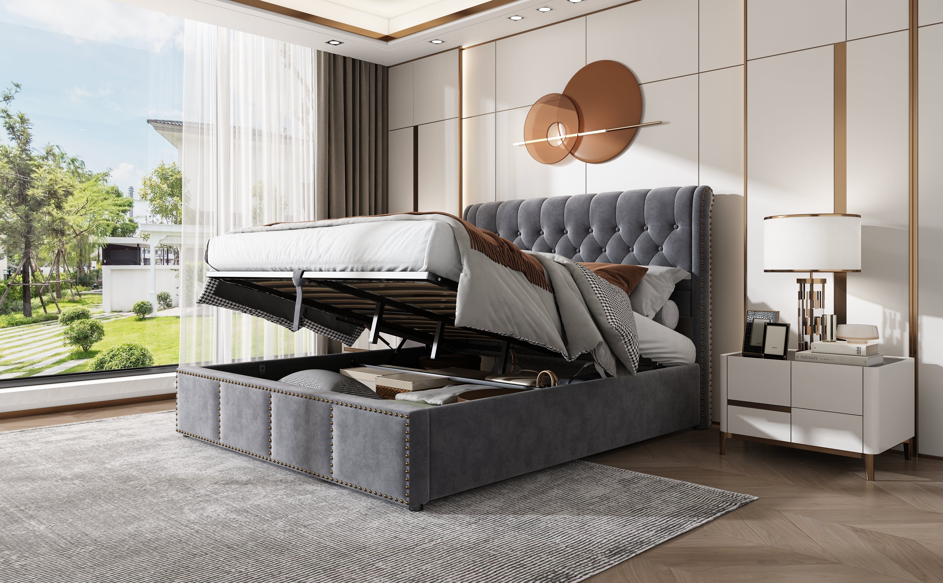 Odikalo Stauraumbett Polsterbett Lattenrost Polsterbank 140/180x200cm, Samt, Grau/Weiss