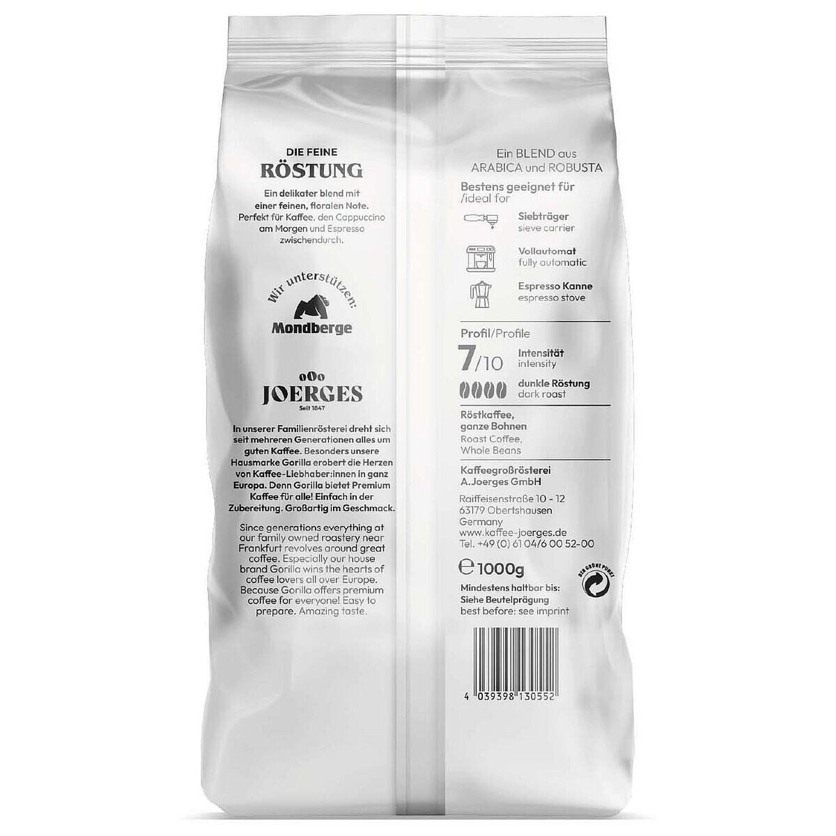 Gorilla Kaffee Espresso Delicato, 1 kg, ganze Bohnen