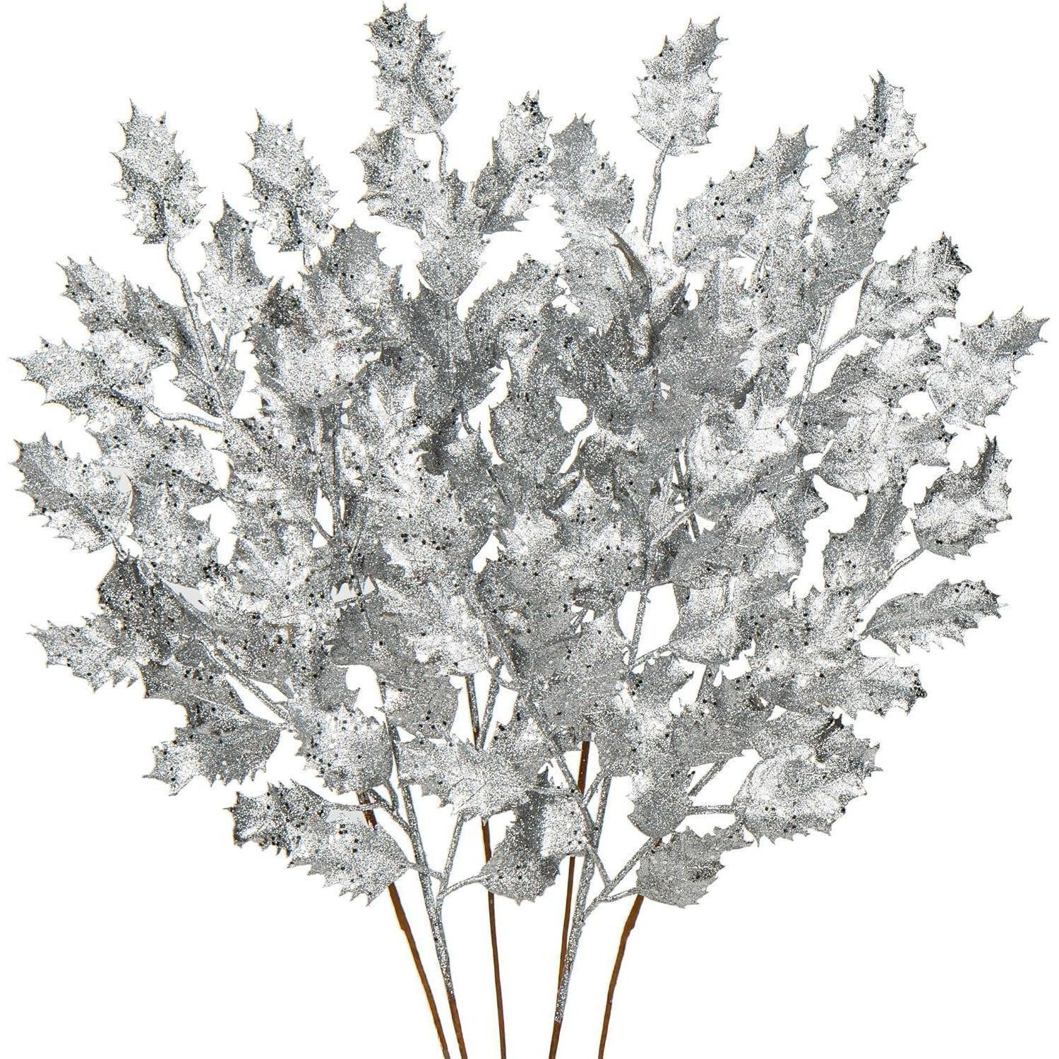 Kunstzweig Kunstzweig Weihnachtsdeko Glitzer Eichenblätter 58cm 6PCS Silber, LuxusKollektion